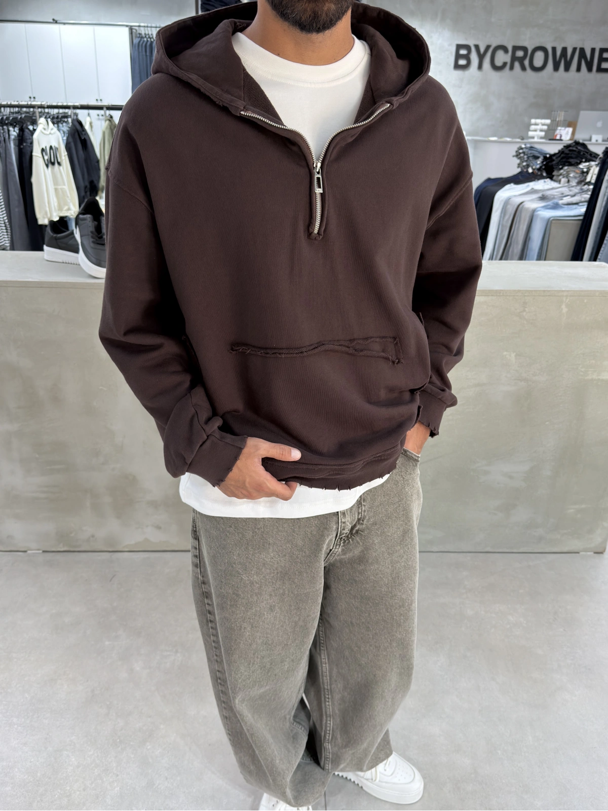 Kahve Yarım Fermuar Oversize Sweat