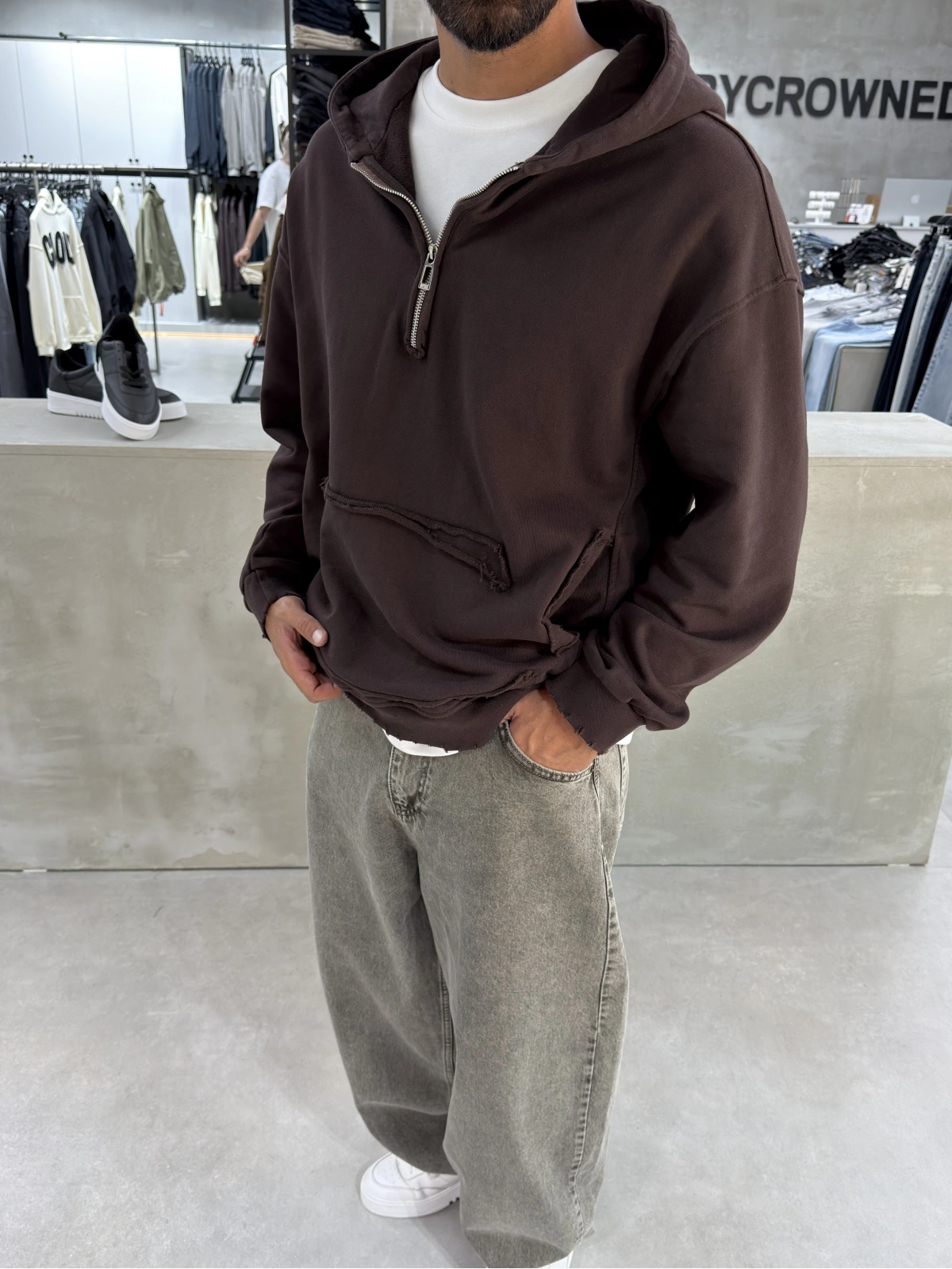 Kahve Yarım Fermuar Oversize Sweat