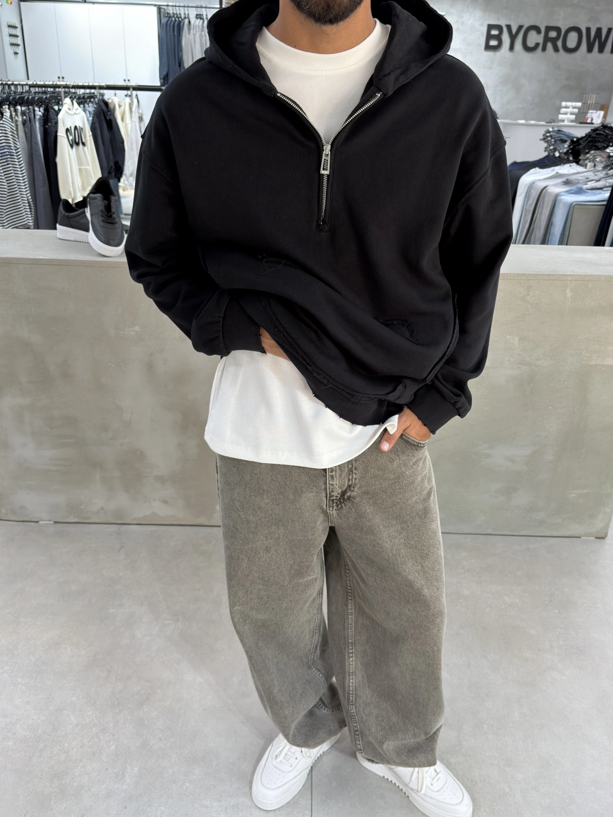Siyah Yarım Fermuar Oversize Sweat