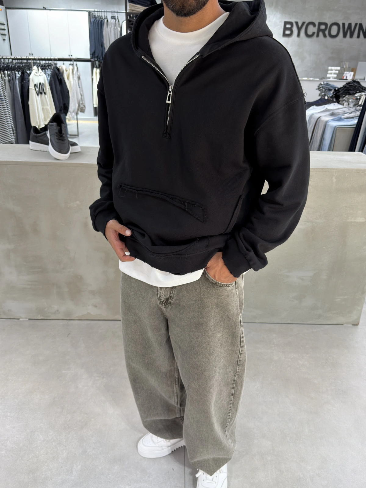 Siyah Yarım Fermuar Oversize Sweat