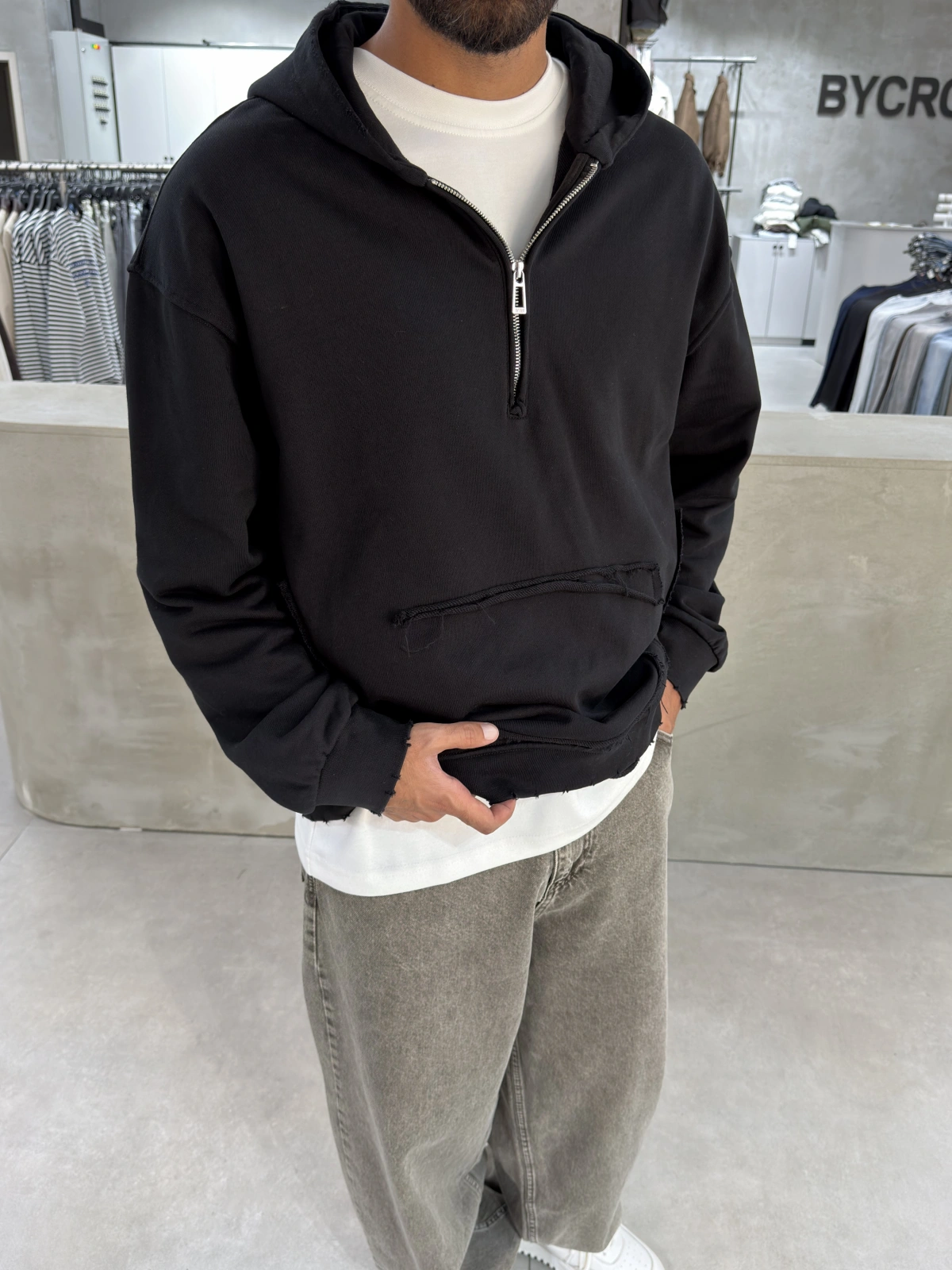 Siyah Yarım Fermuar Oversize Sweat