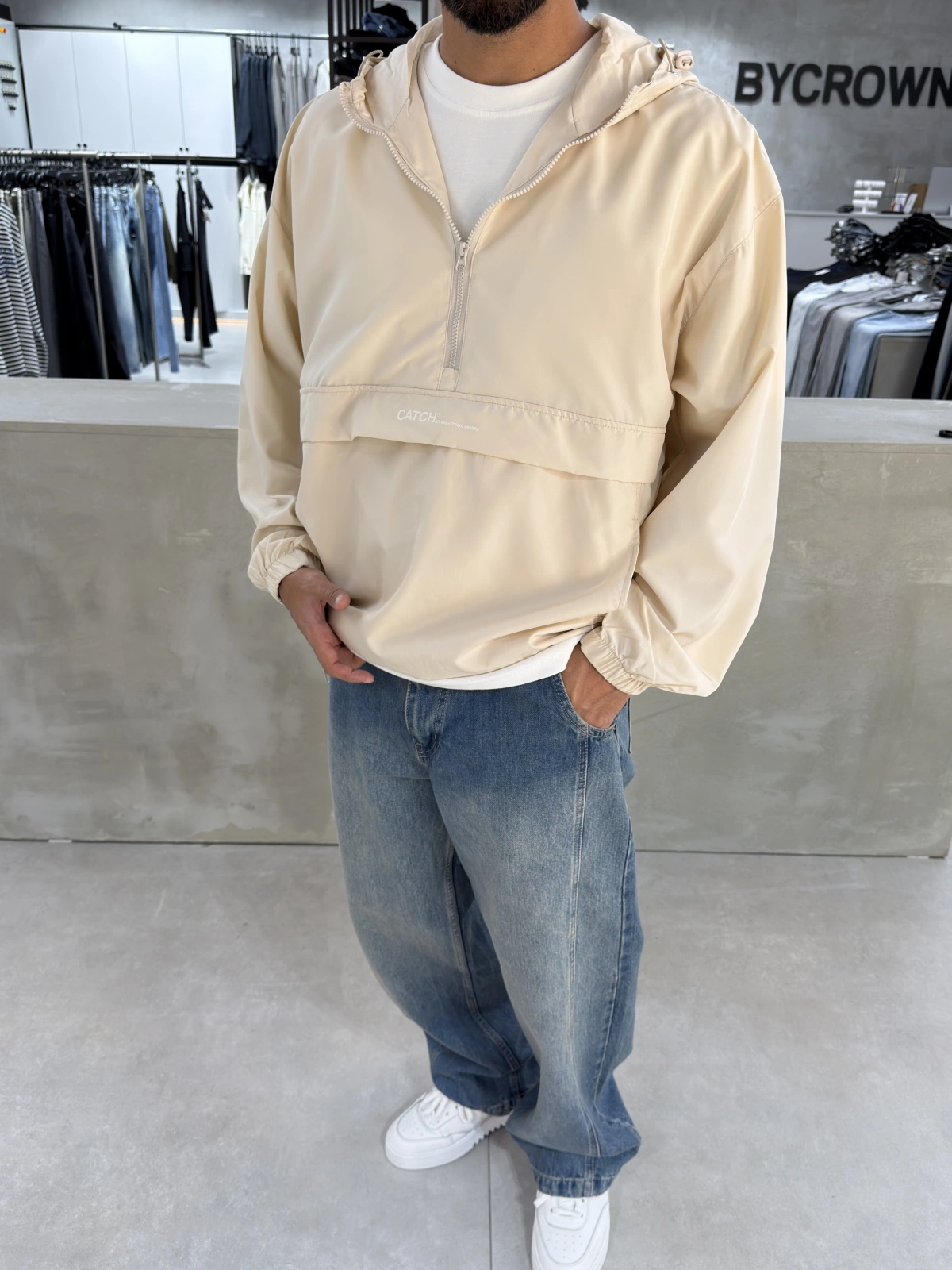 Krem Kanguru Oversize Yağmurluk