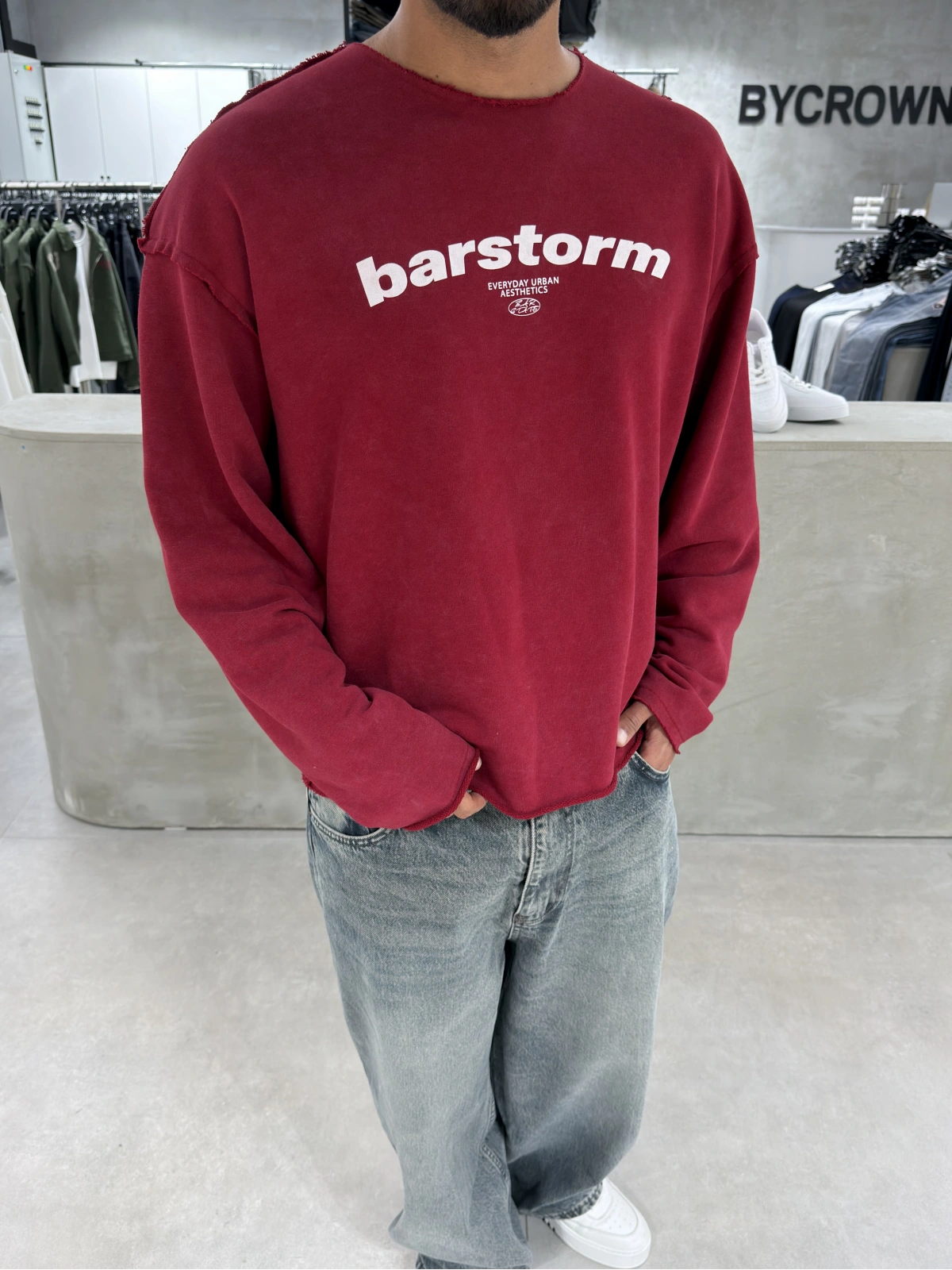 Kırmızı Barstorm Kesik Yaka Oversize Sweat