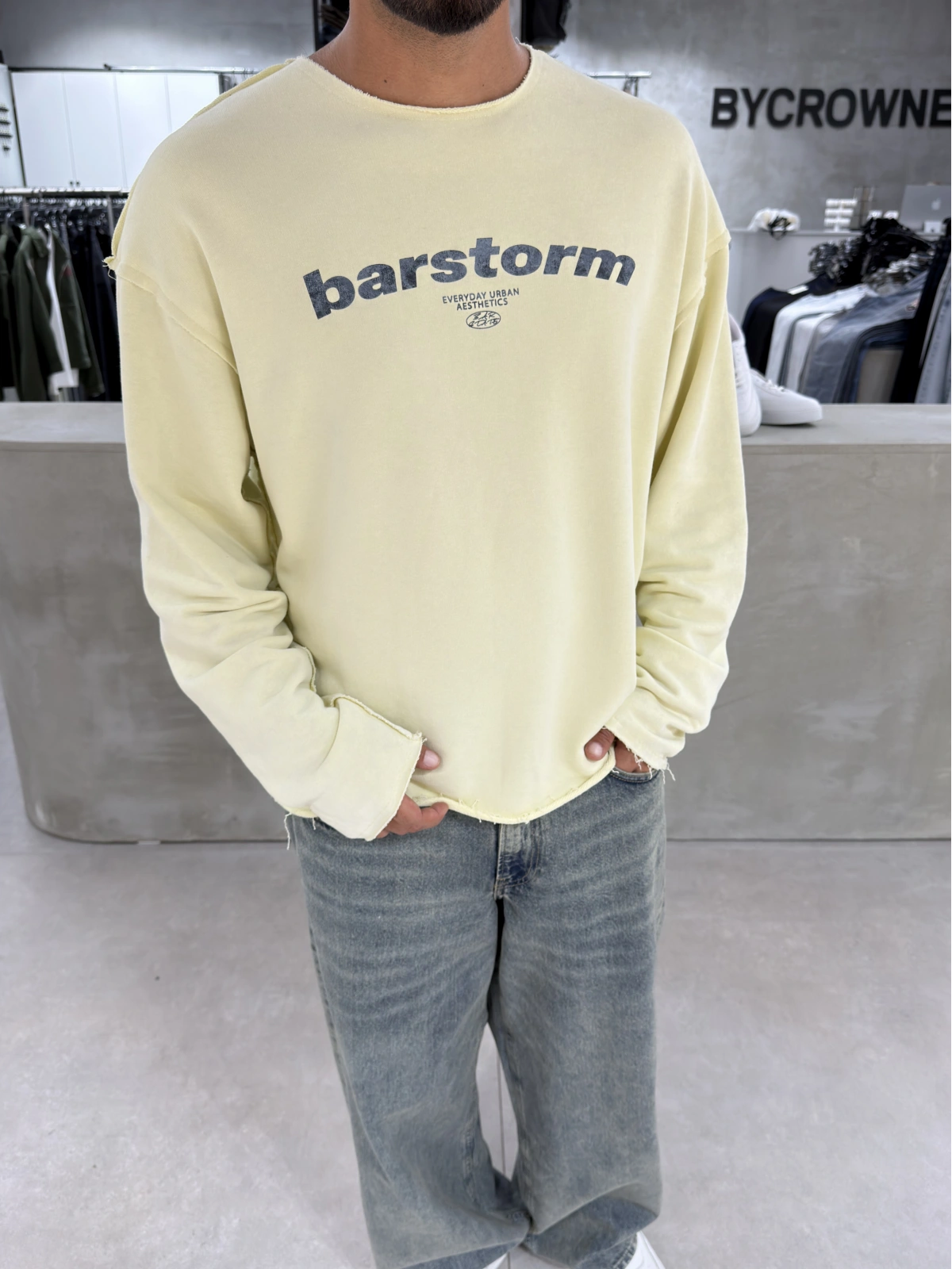 Sarı Barstorm Kesik Yaka Oversize Sweat