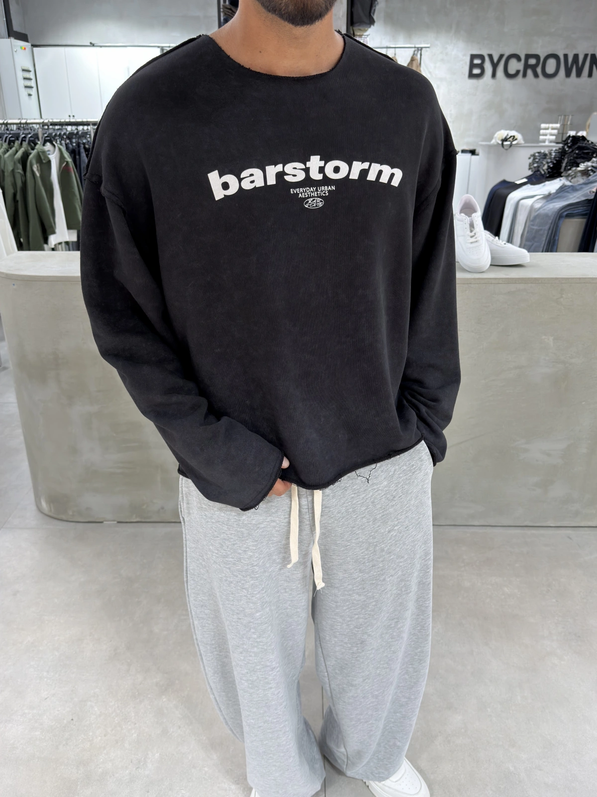 Siyah Barstorm Kesik Yaka Oversize Sweat