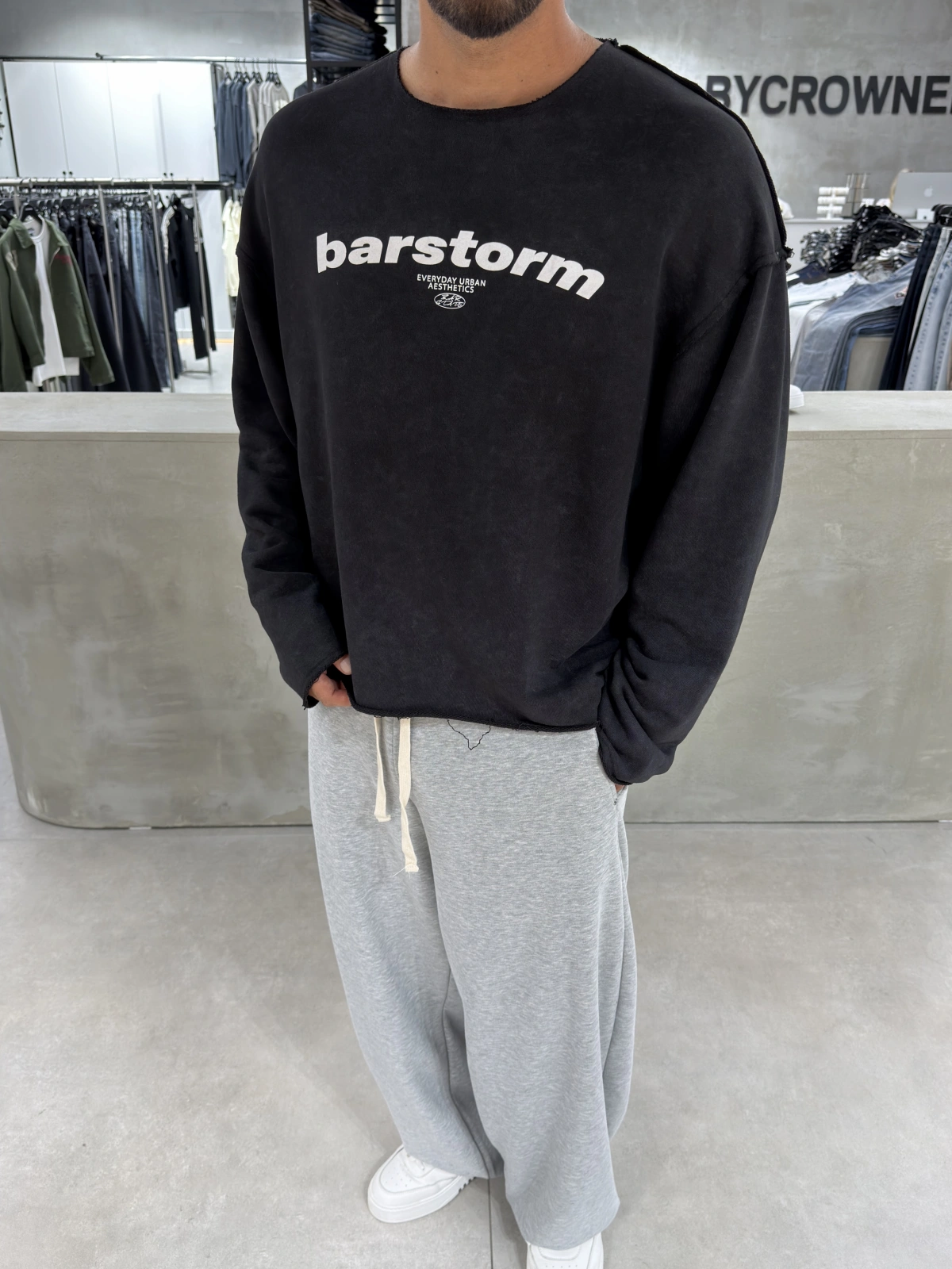 Siyah Barstorm Kesik Yaka Oversize Sweat