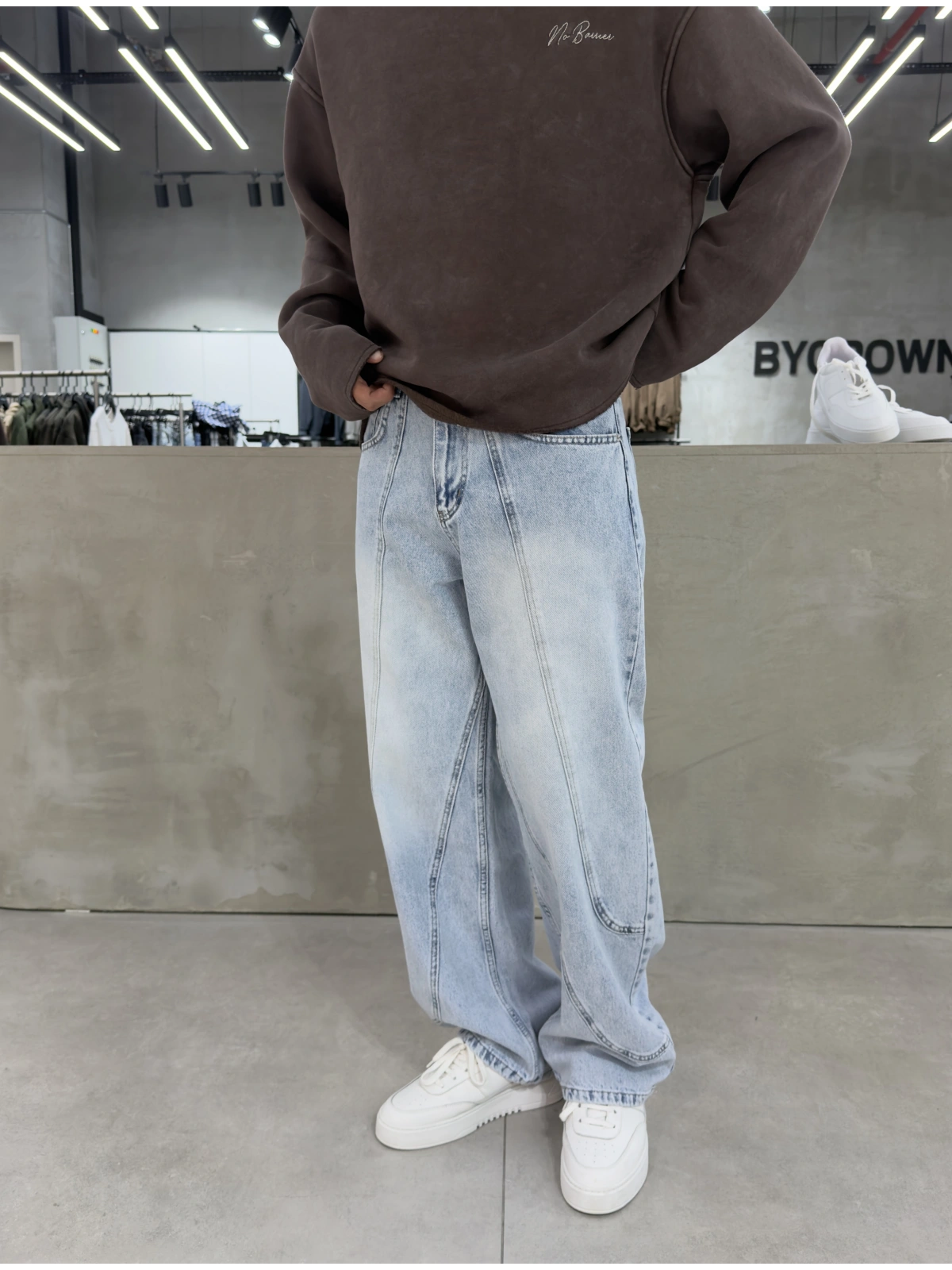 Buz Mavi Denim Parçalı Baggy Jean