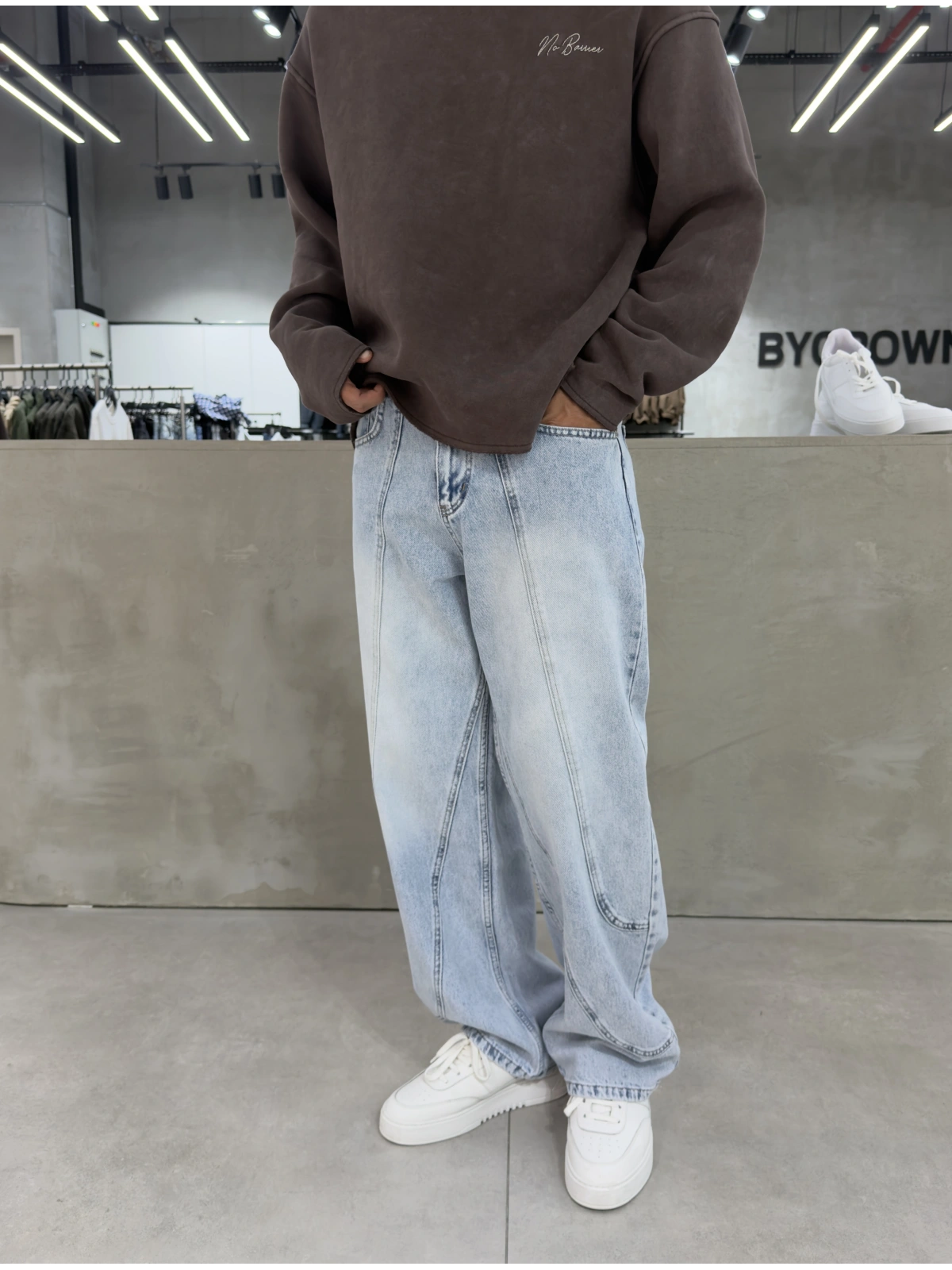 Buz Mavi Denim Parçalı Baggy Jean