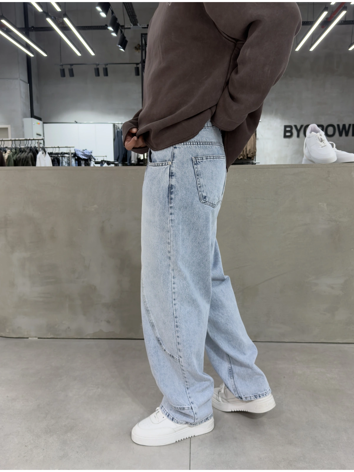Buz Mavi Denim Parçalı Baggy Jean