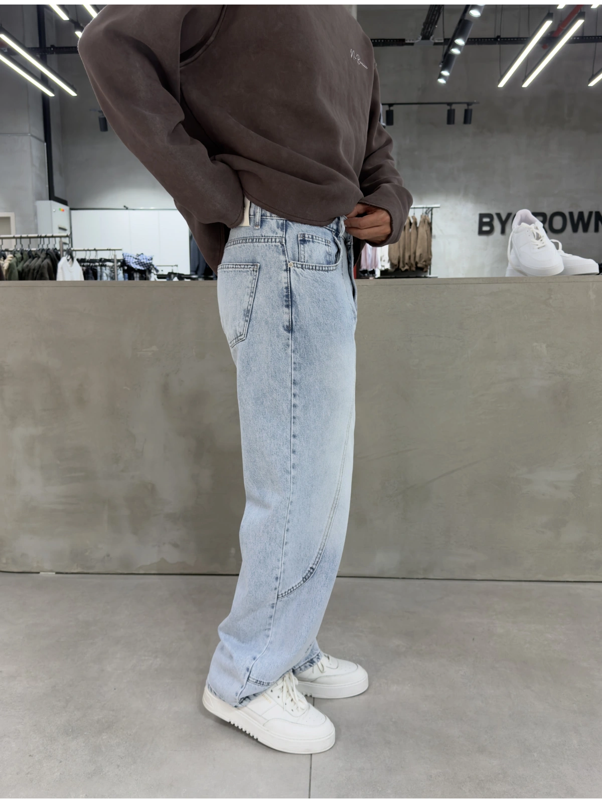 Buz Mavi Denim Parçalı Baggy Jean