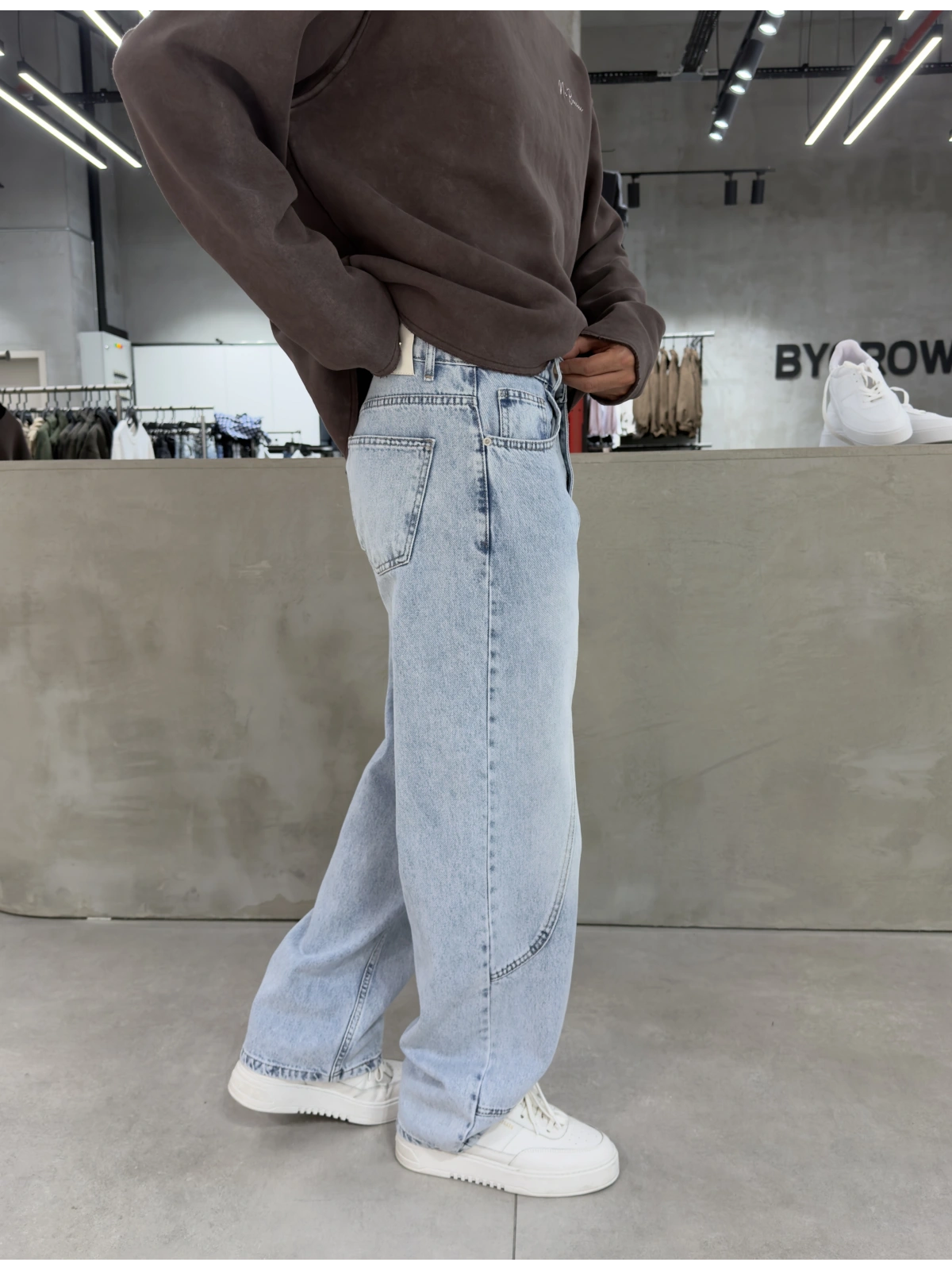 Buz Mavi Denim Parçalı Baggy Jean