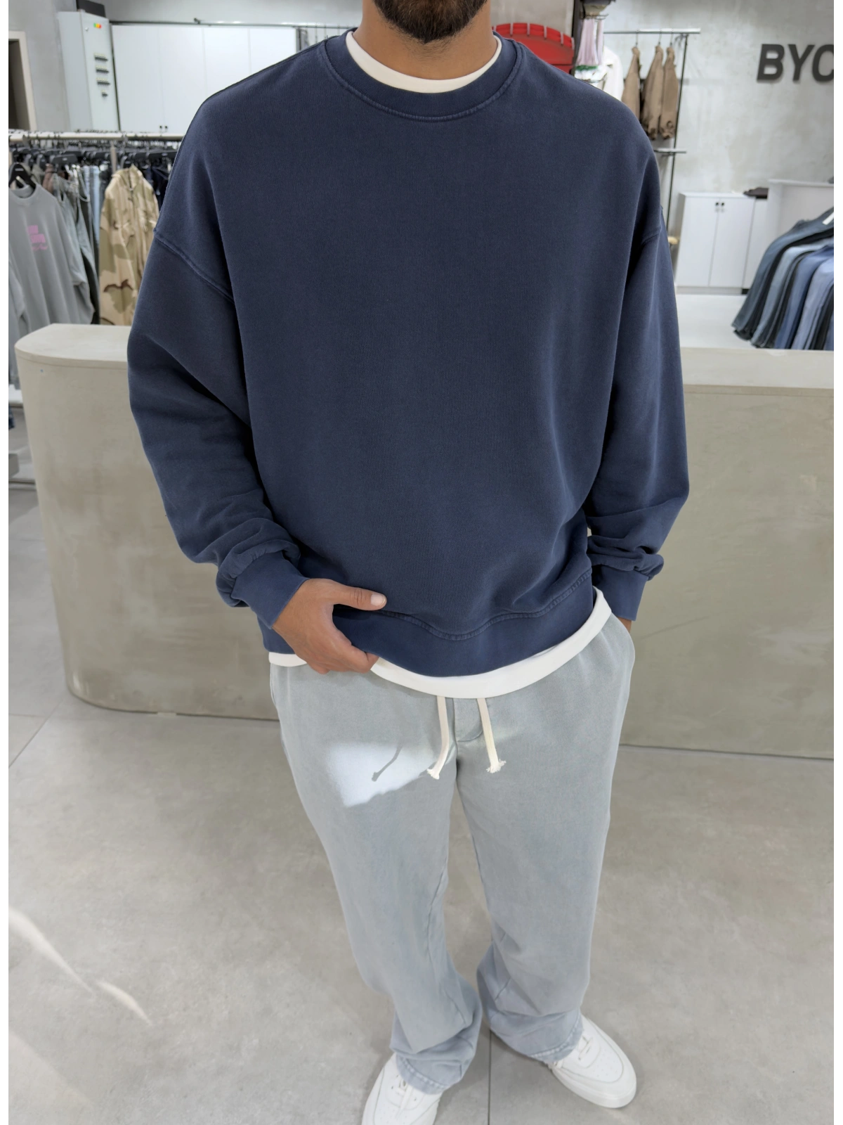 Lacivert Yıkamalı Bisiklet Yaka Oversize Sweatshirt