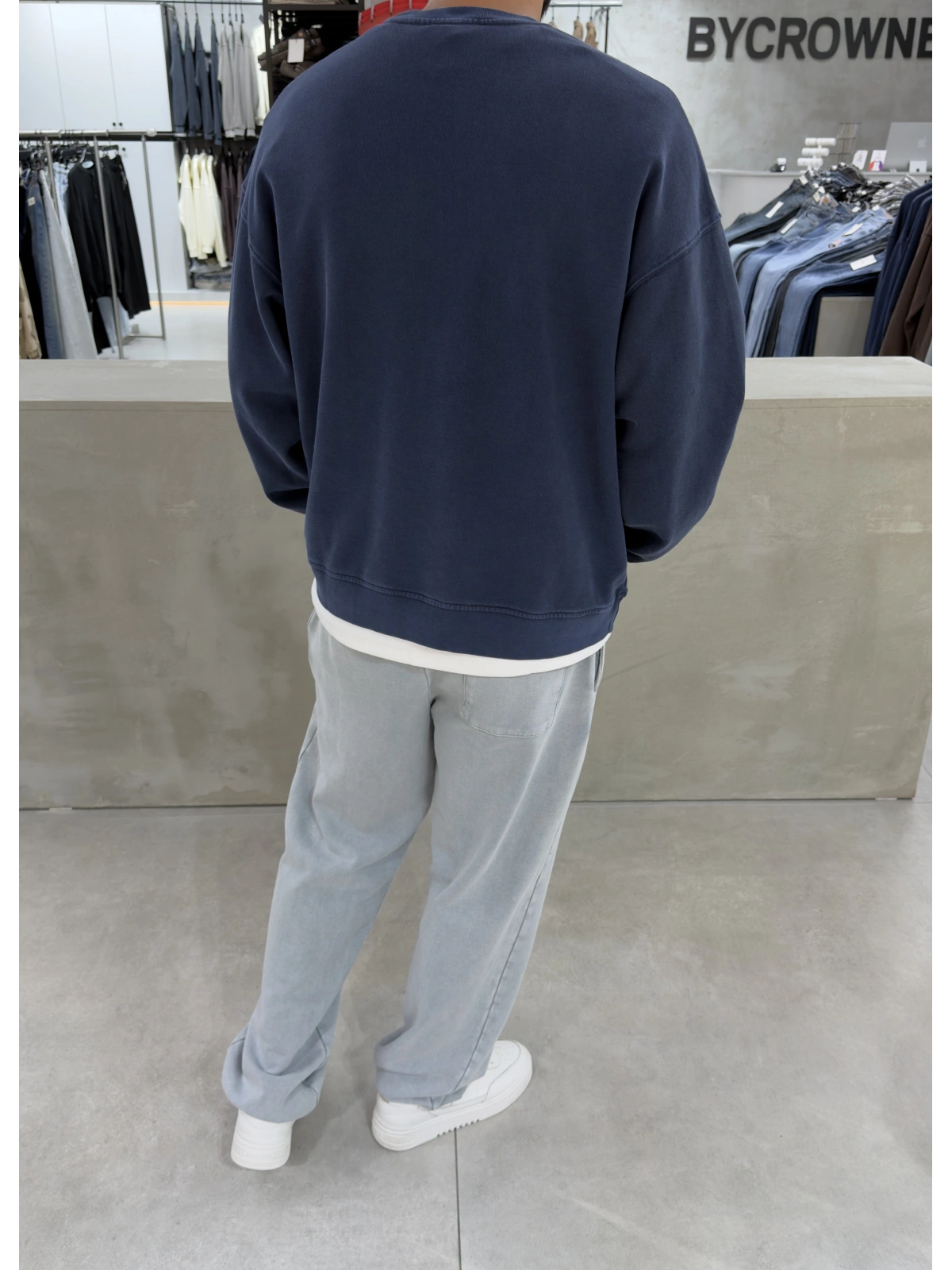 Lacivert Yıkamalı Bisiklet Yaka Oversize Sweatshirt