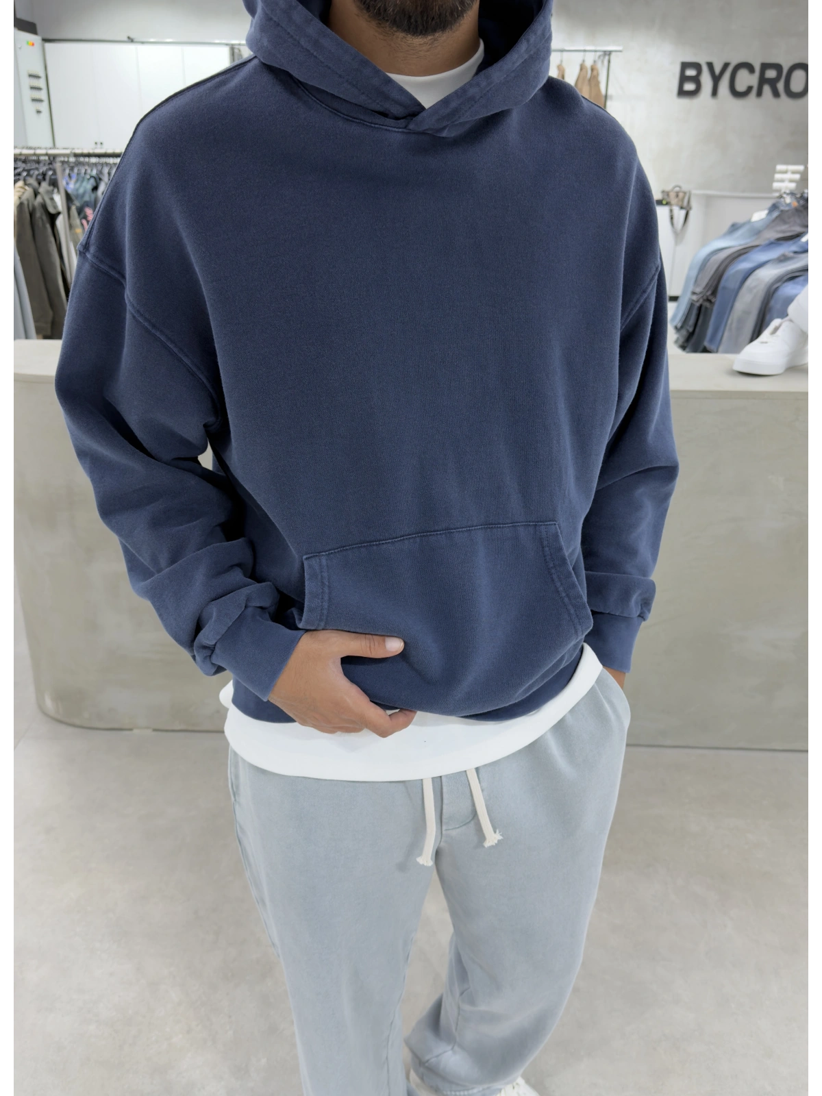 Lacivert Yıkamalı Oversize Kapüşonlu Sweatshirt