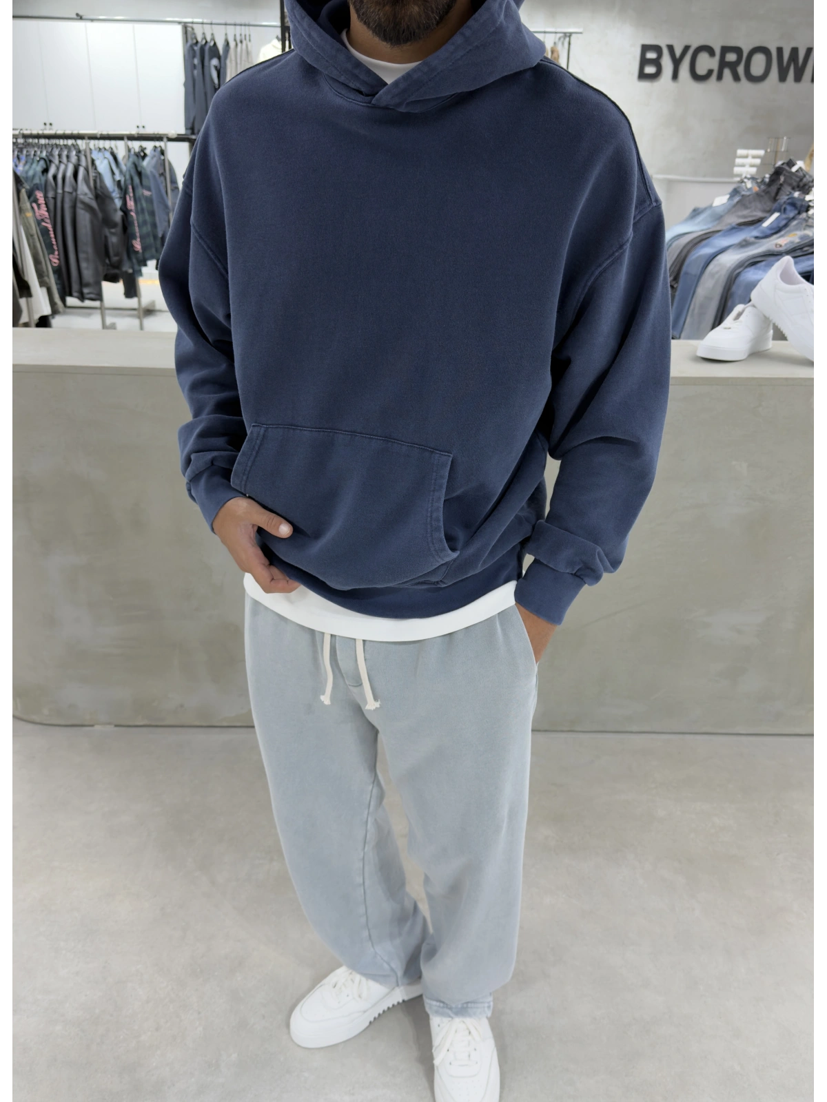Lacivert Yıkamalı Oversize Kapüşonlu Sweatshirt