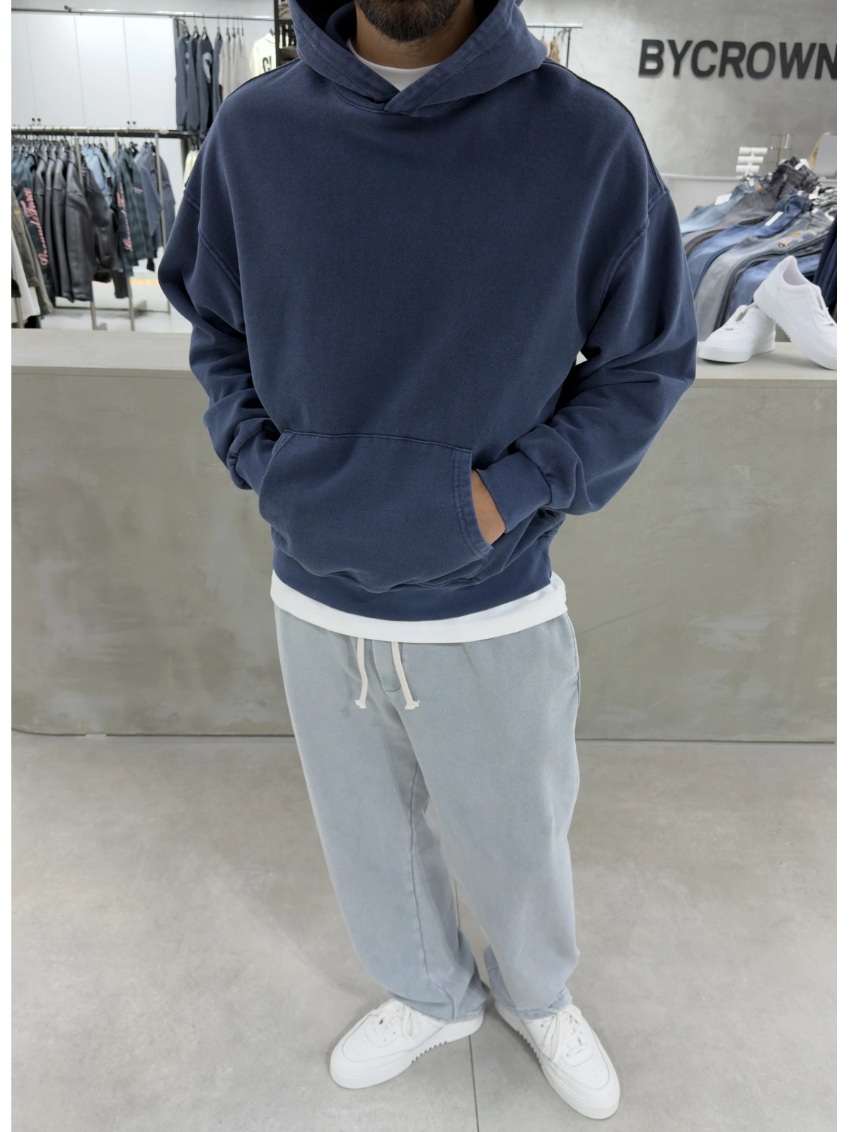 Lacivert Yıkamalı Oversize Kapüşonlu Sweatshirt