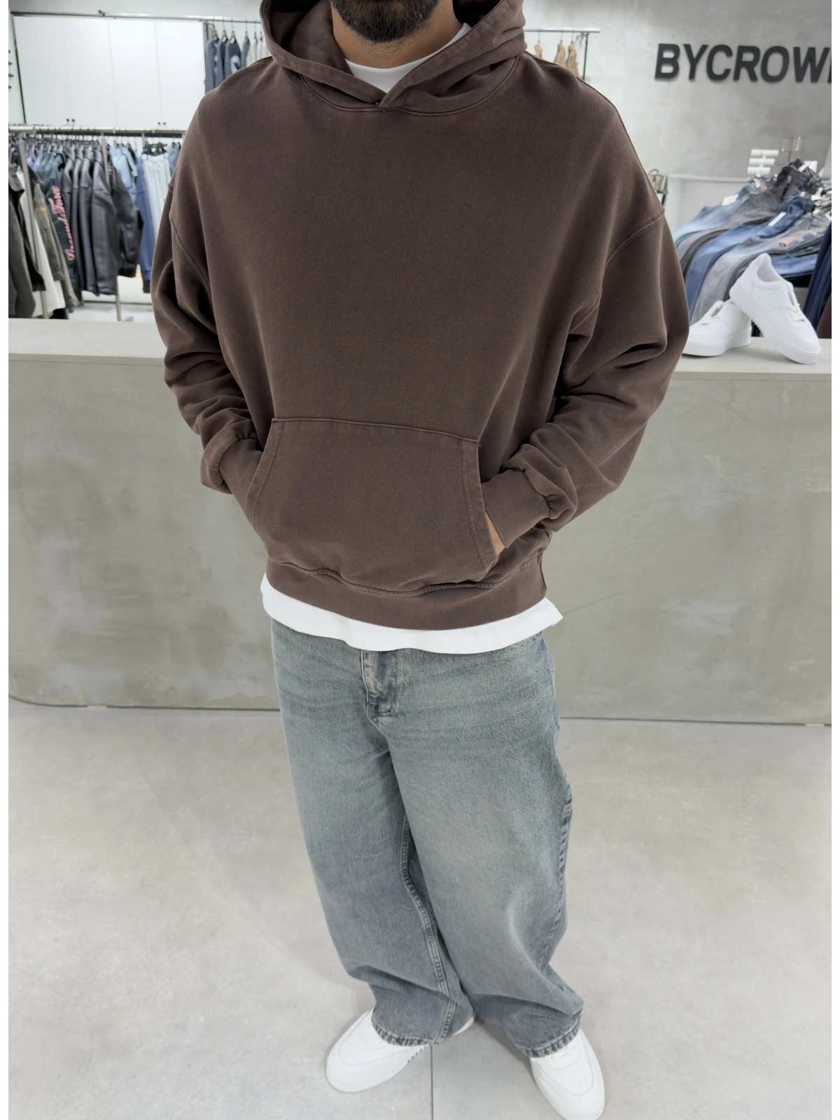 Kahve Yıkamalı Oversize Kapüşonlu Sweatshirt