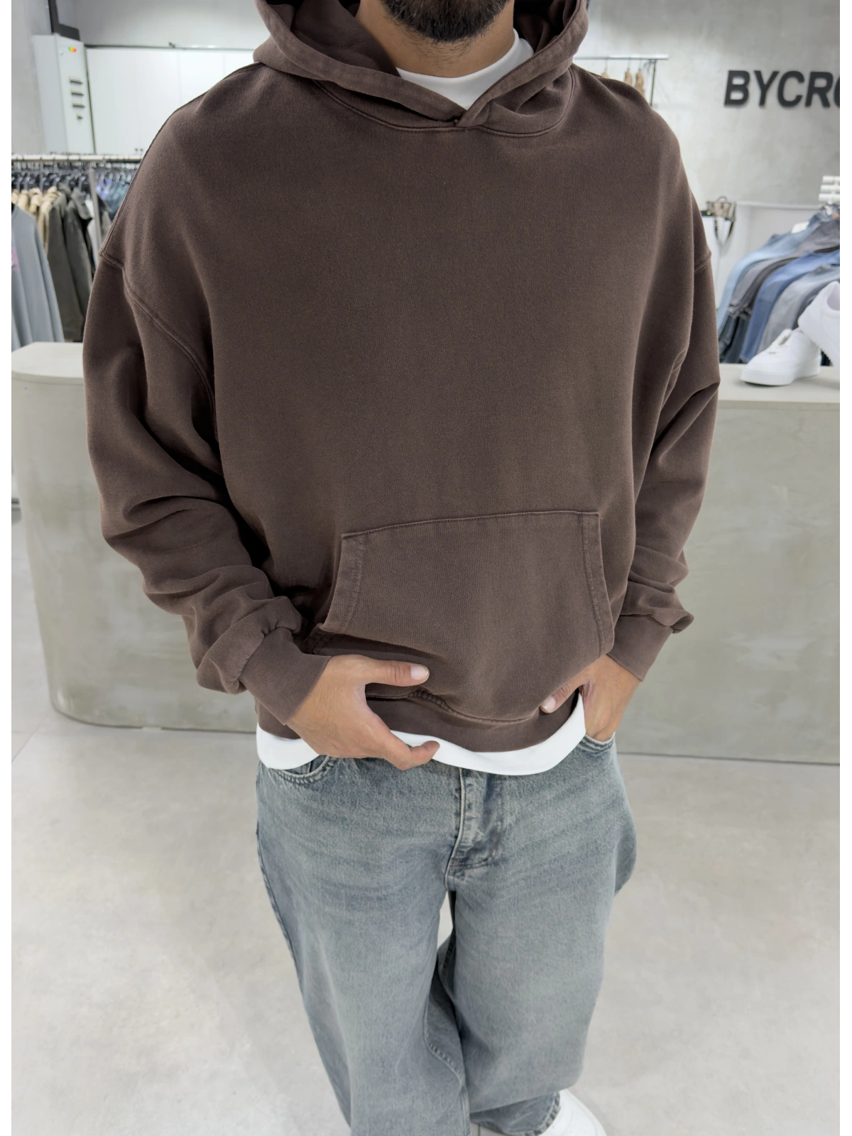 Kahve Yıkamalı Oversize Kapüşonlu Sweatshirt