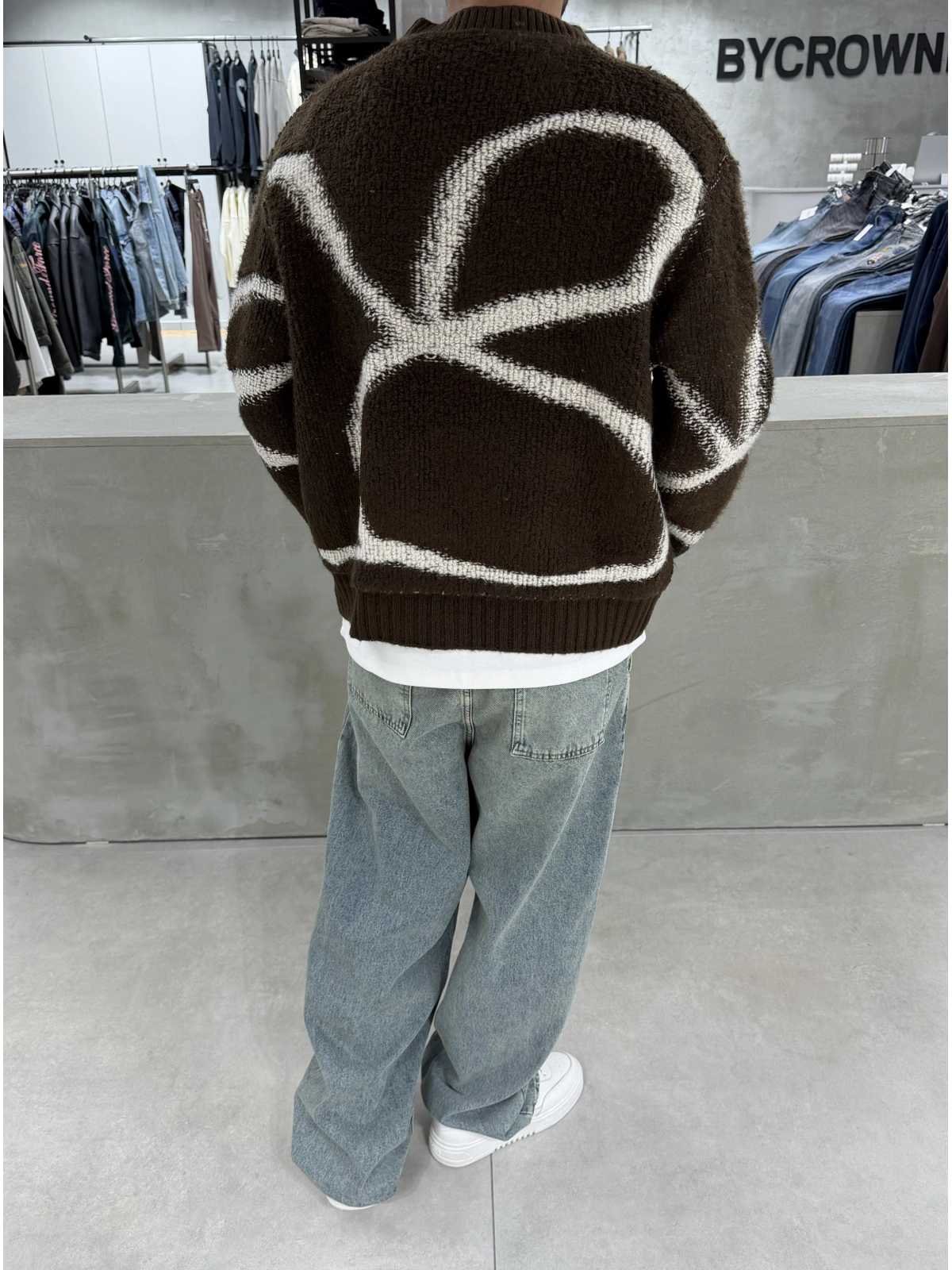 Kahve Premium Desenli Oversize Kazak