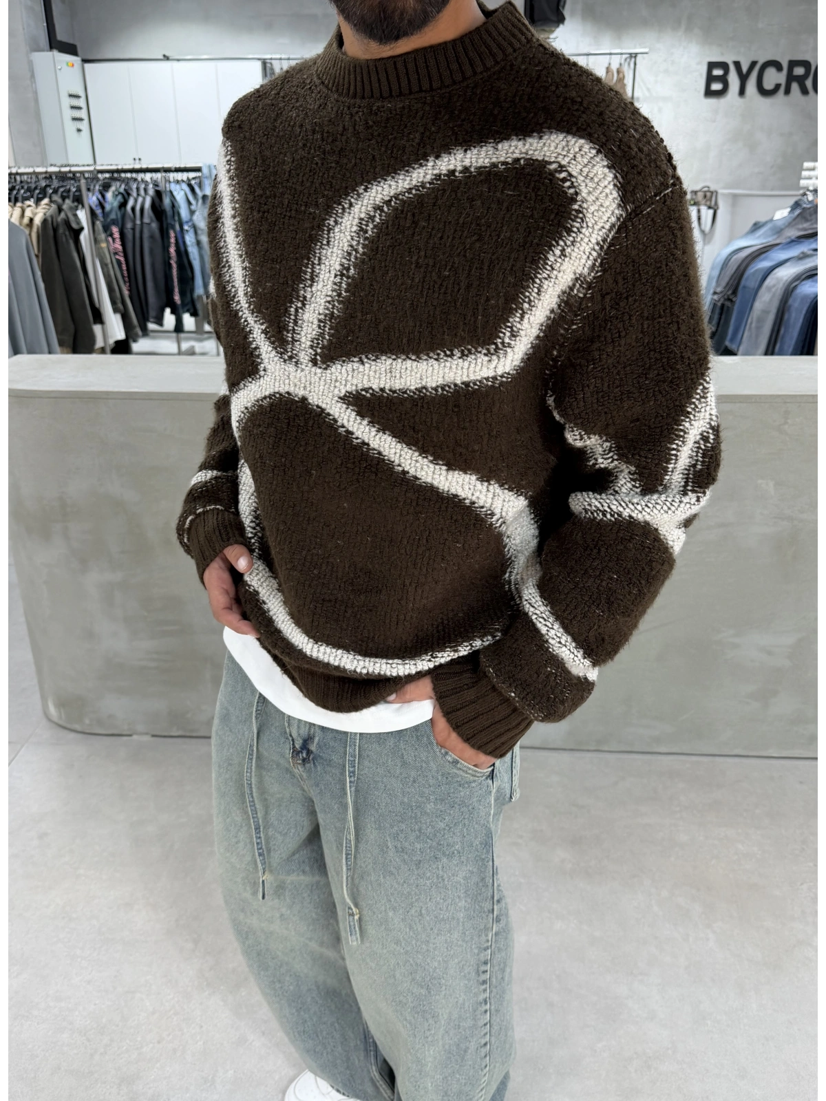 Kahve Premium Desenli Oversize Kazak