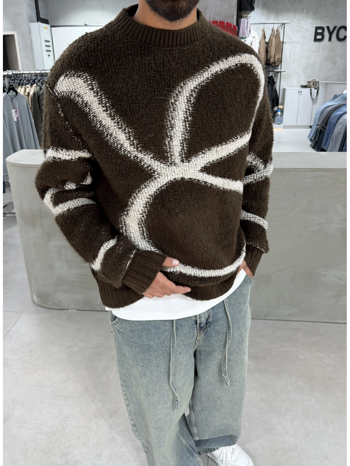 Kahve Premium Desenli Oversize Kazak