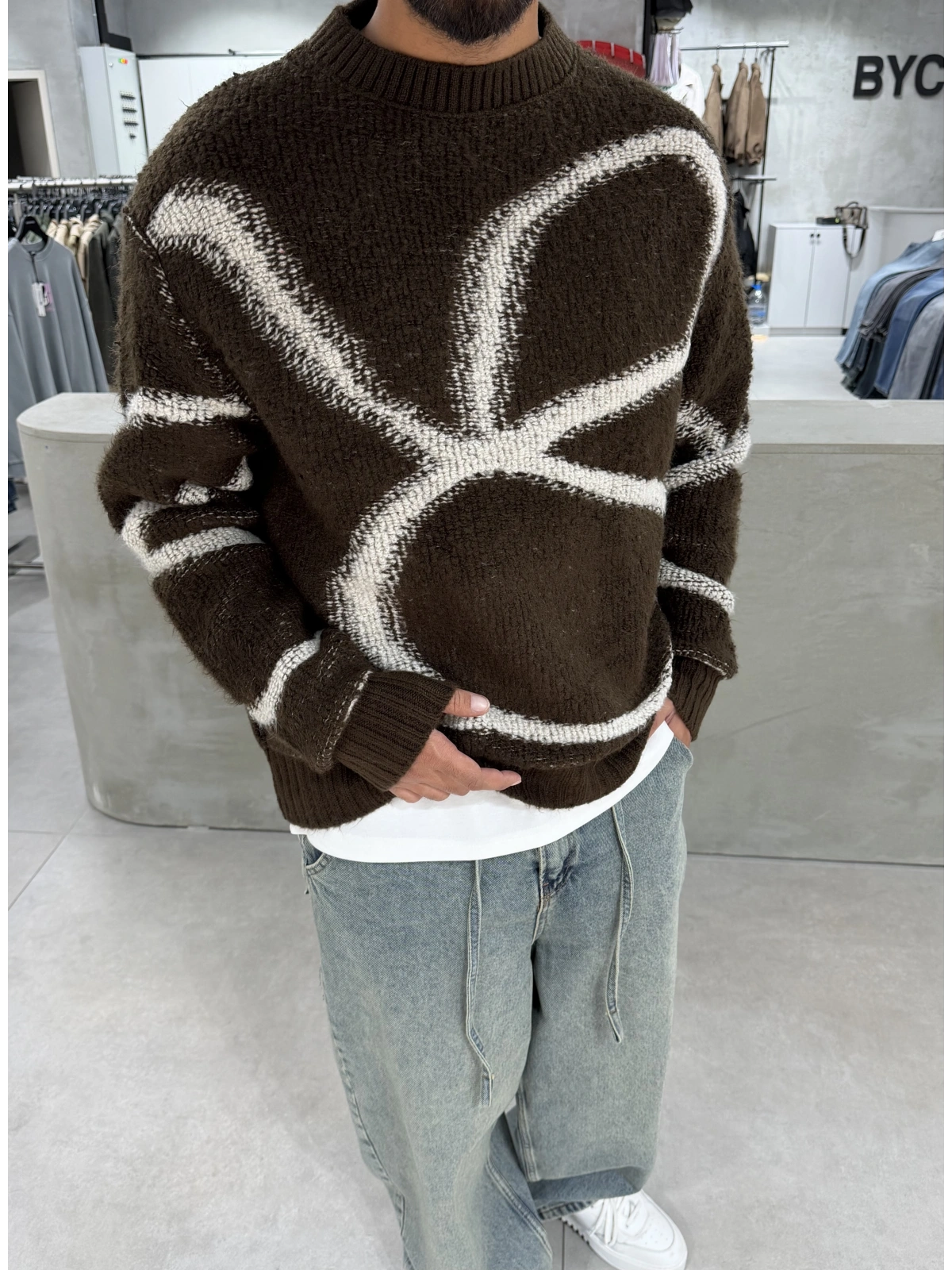 Kahve Premium Desenli Oversize Kazak