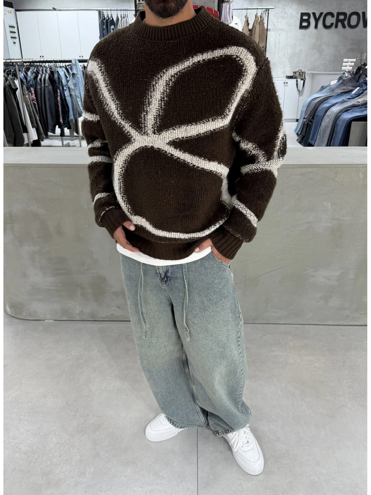 Kahve Premium Desenli Oversize Kazak