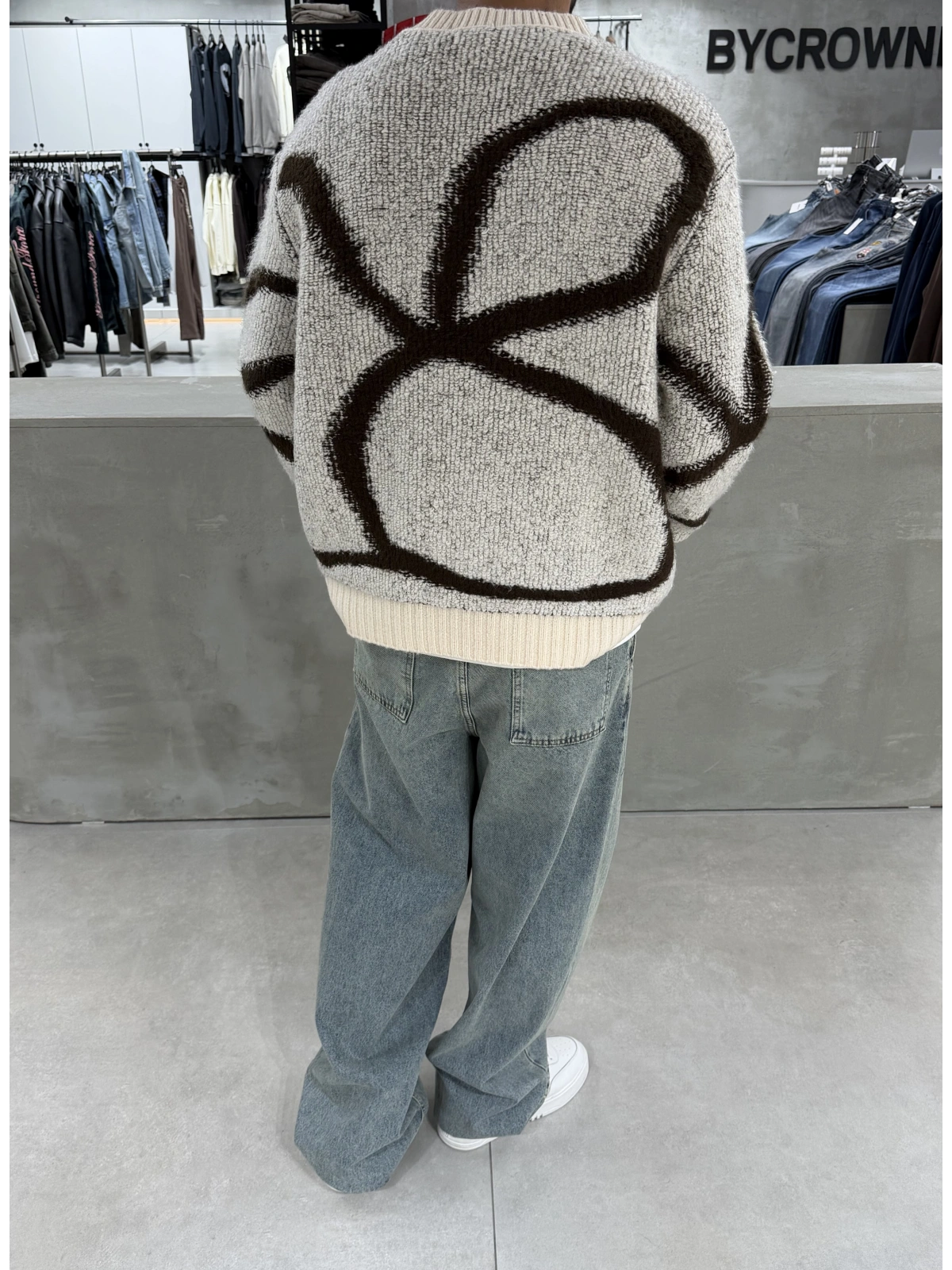 Krem Premium Desenli Oversize Kazak