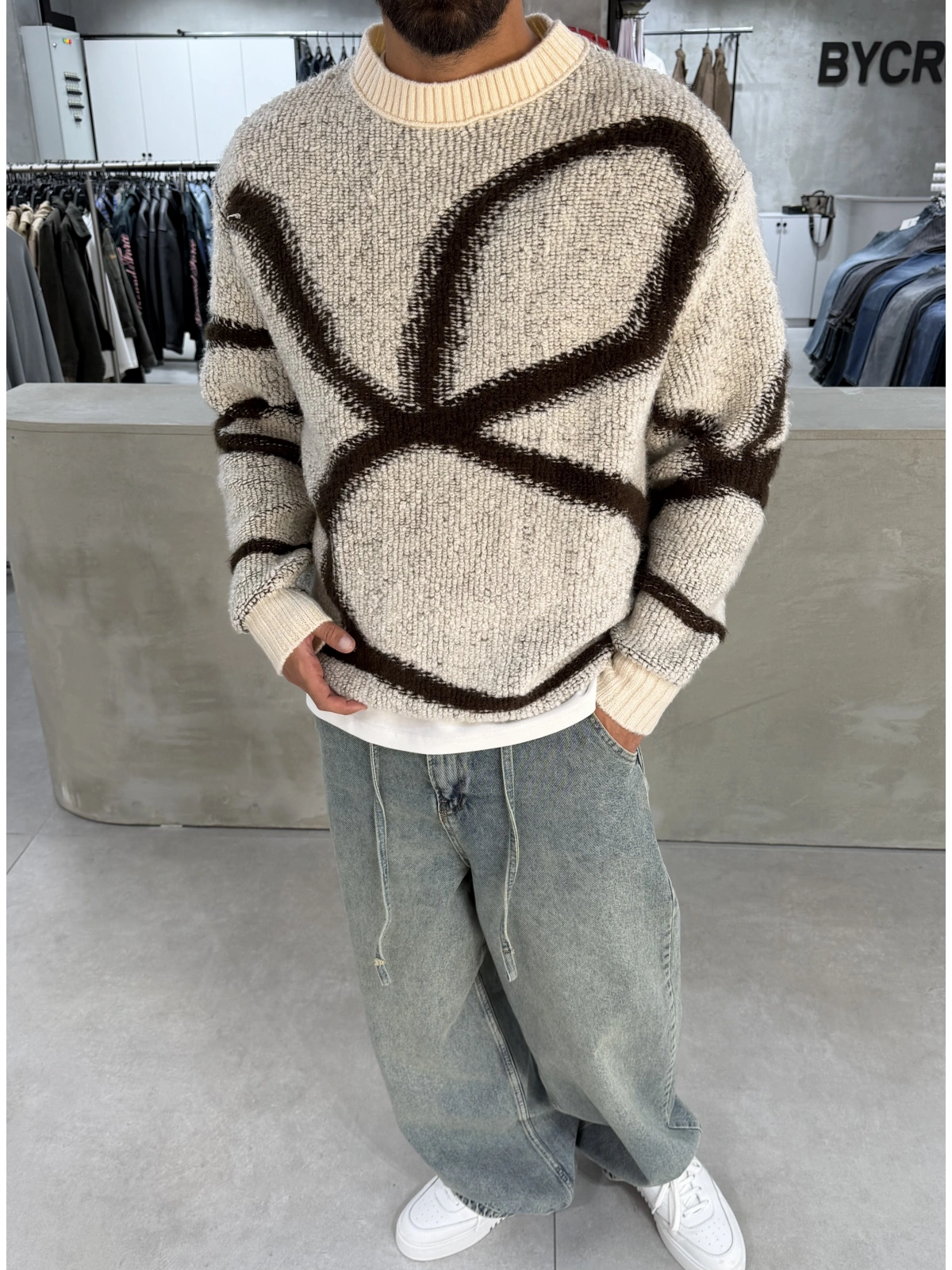 Krem Premium Desenli Oversize Kazak
