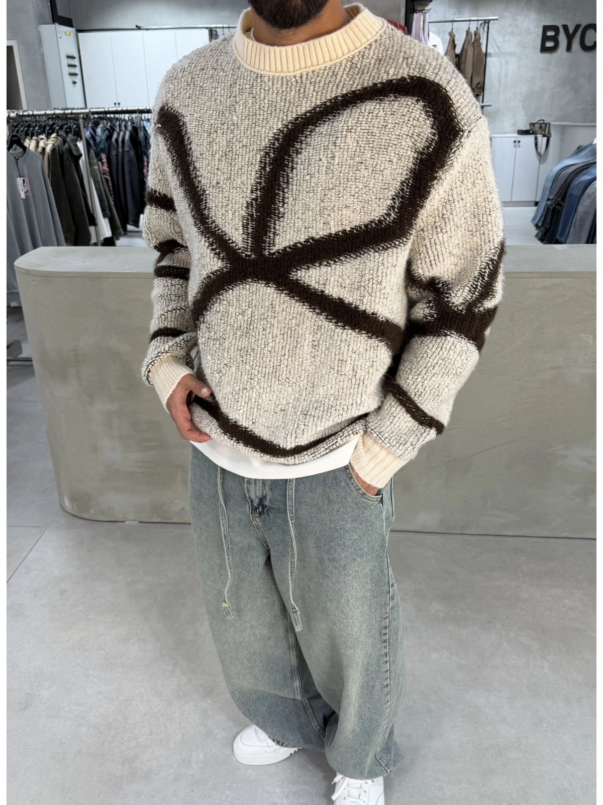 Krem Premium Desenli Oversize Kazak