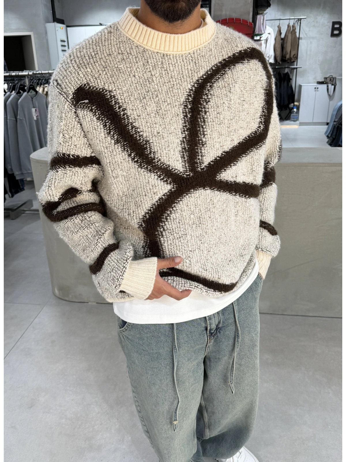 Krem Premium Desenli Oversize Kazak