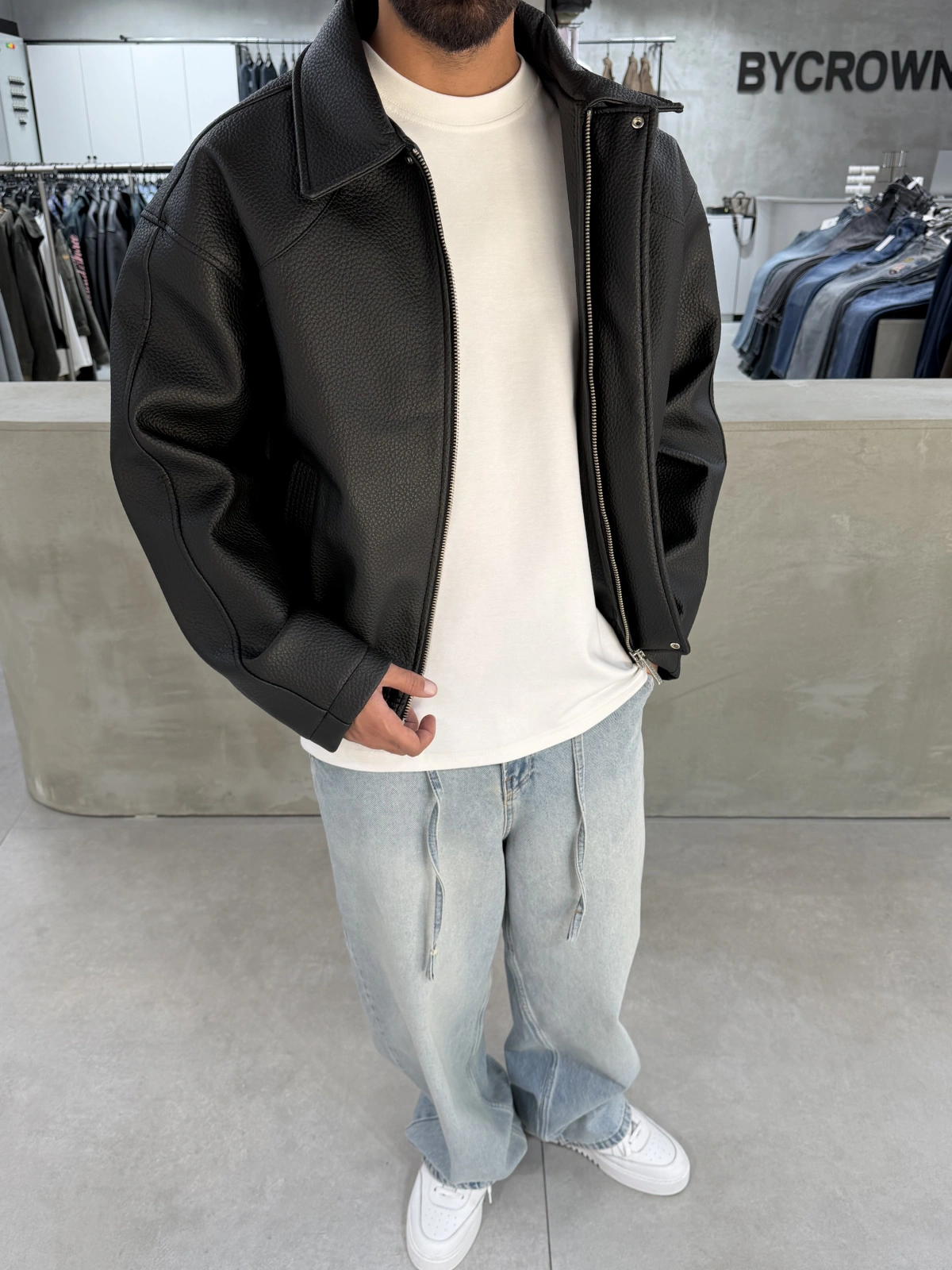 Deri Premium Oversize Dokulu Ceket