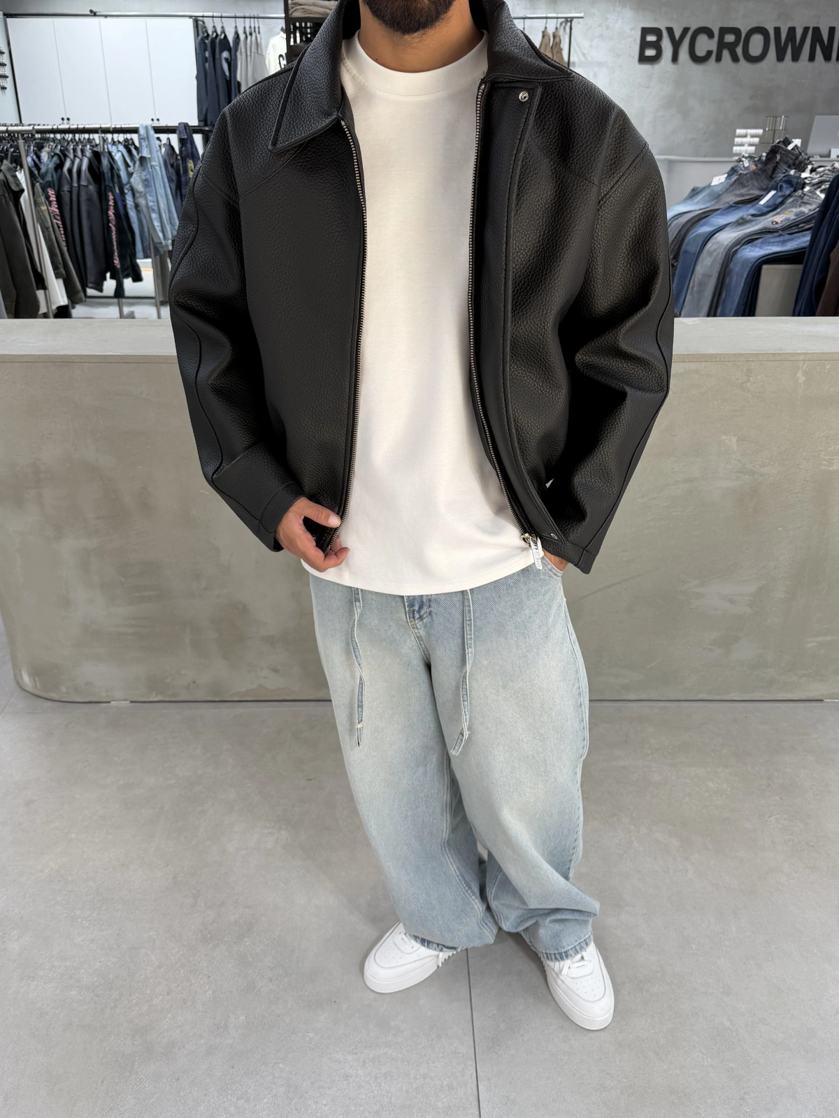 Deri Premium Oversize Dokulu Ceket