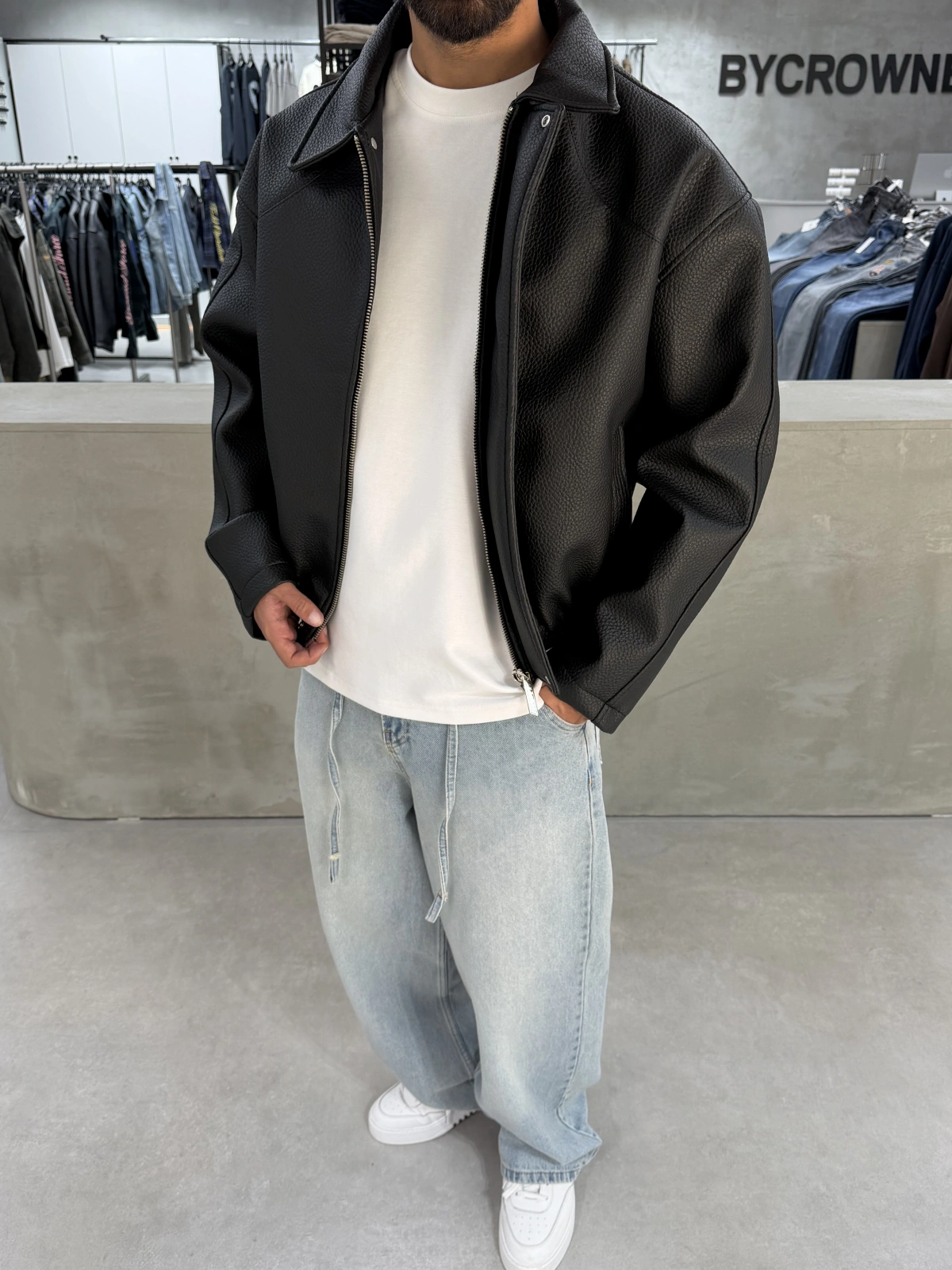 Deri Premium Oversize Dokulu Ceket
