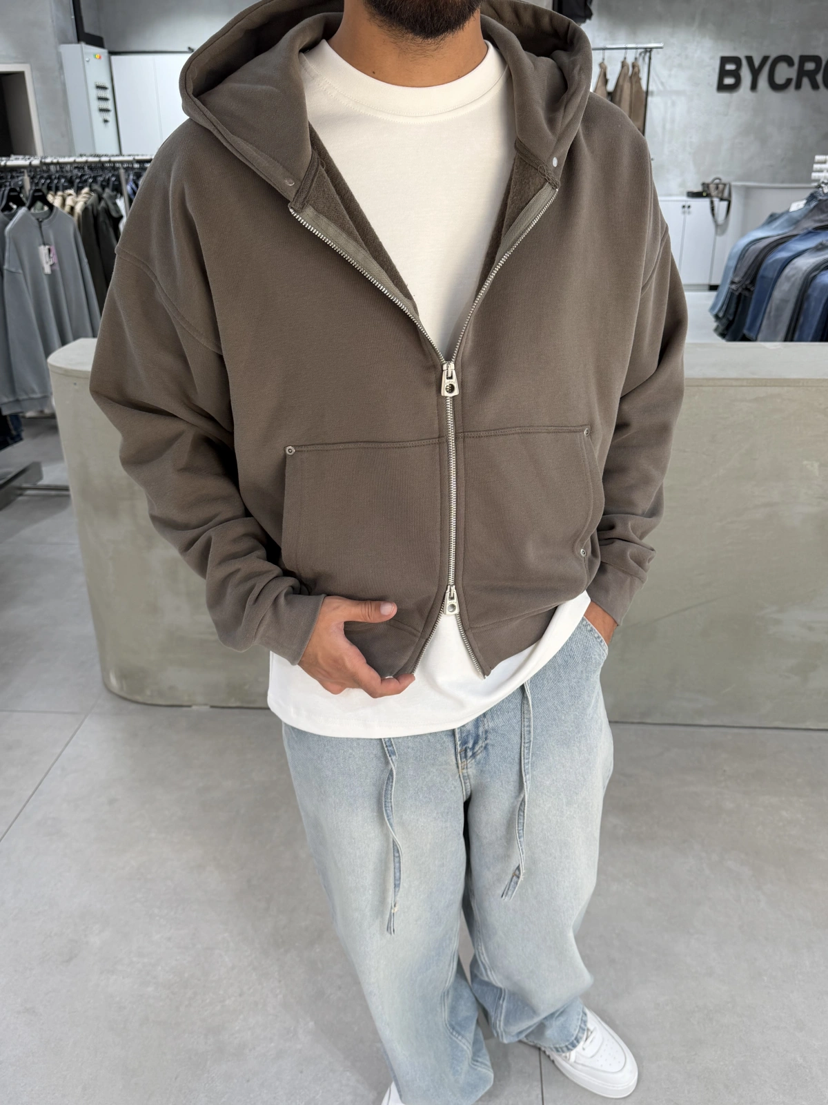 Haki Yıkamalı Çift Fermuar Oversize Hırka