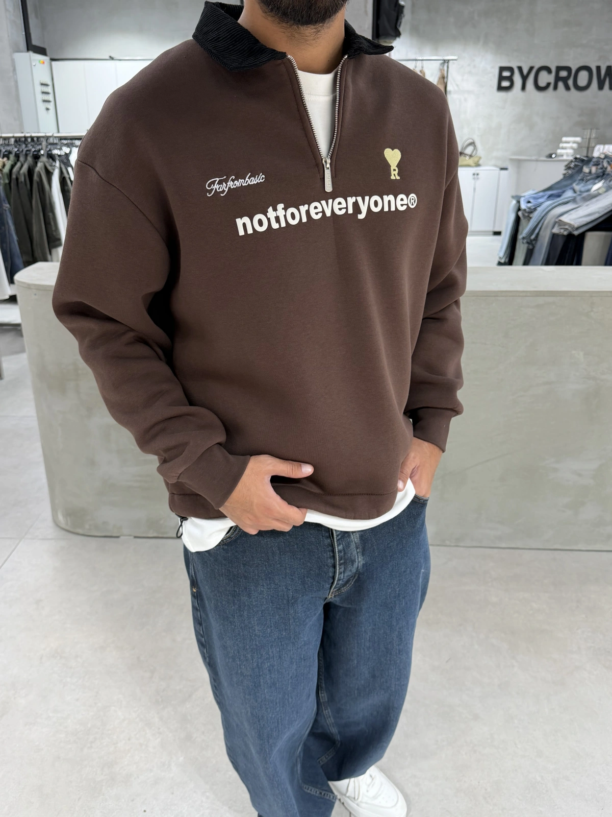 Kahve Golf Oversize Yarım fermuar Sweat