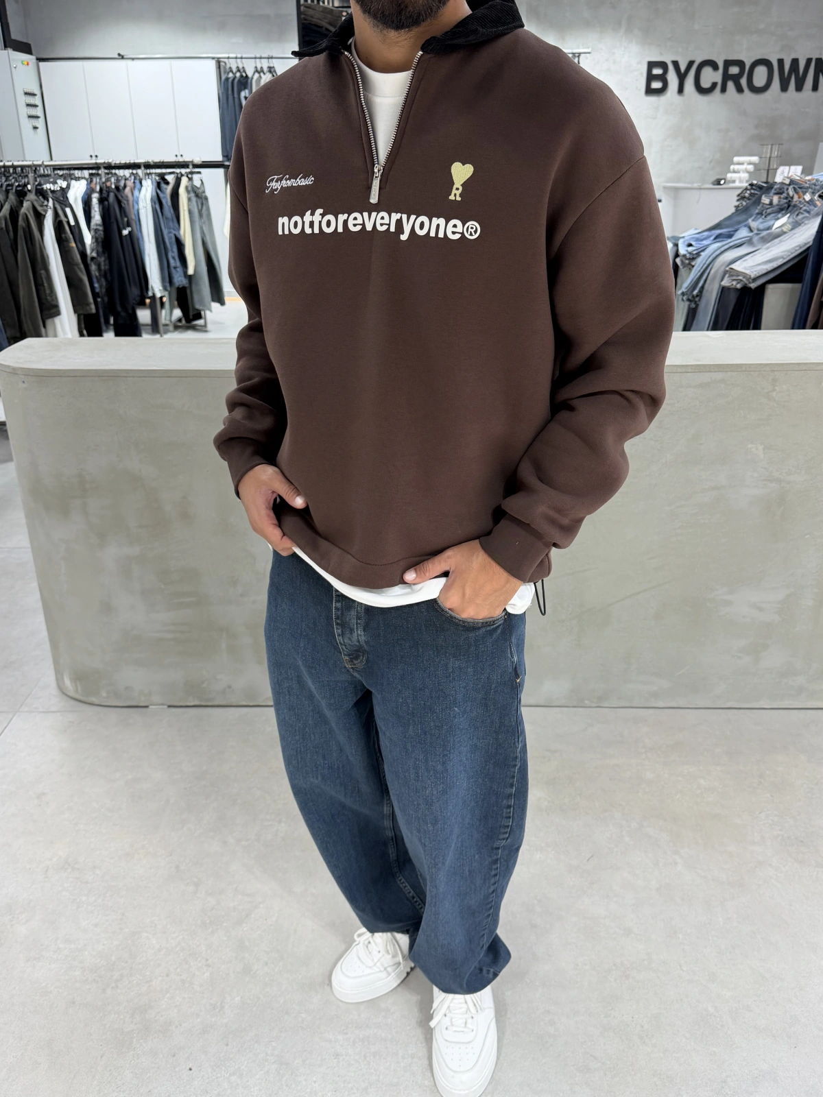 Kahve Golf Oversize Yarım fermuar Sweat