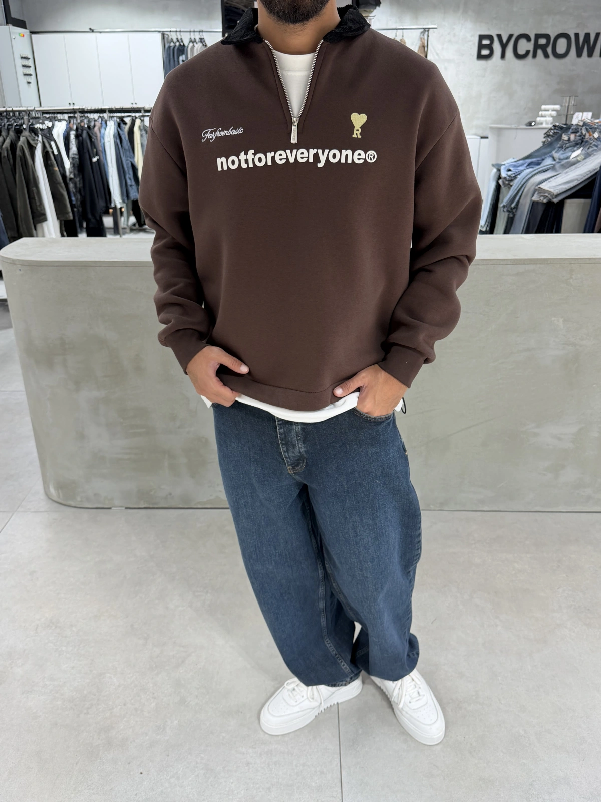 Kahve Golf Oversize Yarım fermuar Sweat