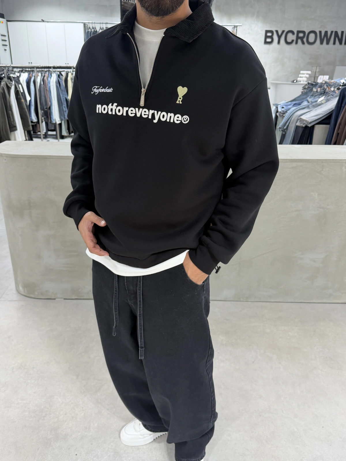 Siyah Golf Oversize Yarım Fermuar Sweat
