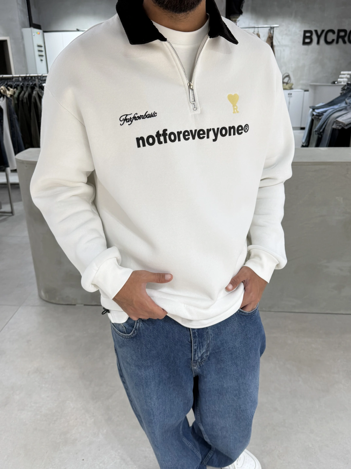 Beyaz Golf Oversize Yarım Fermuar Sweat