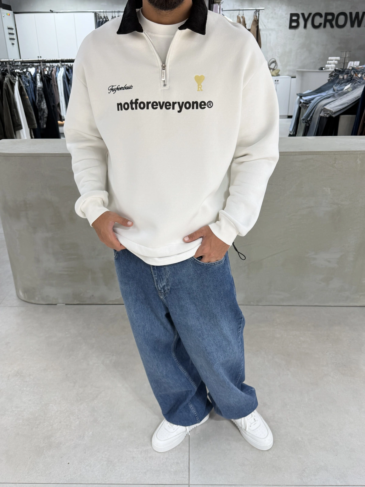 Beyaz Golf Oversize Yarım Fermuar Sweat