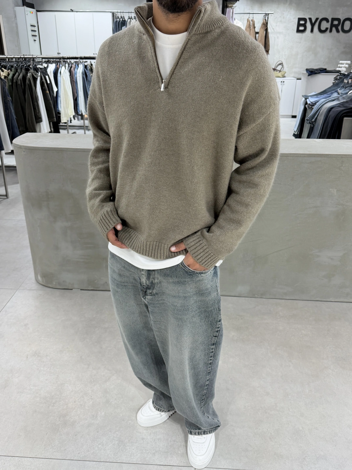 Kahve Premium Yarım Fermuar Oversize Kazak