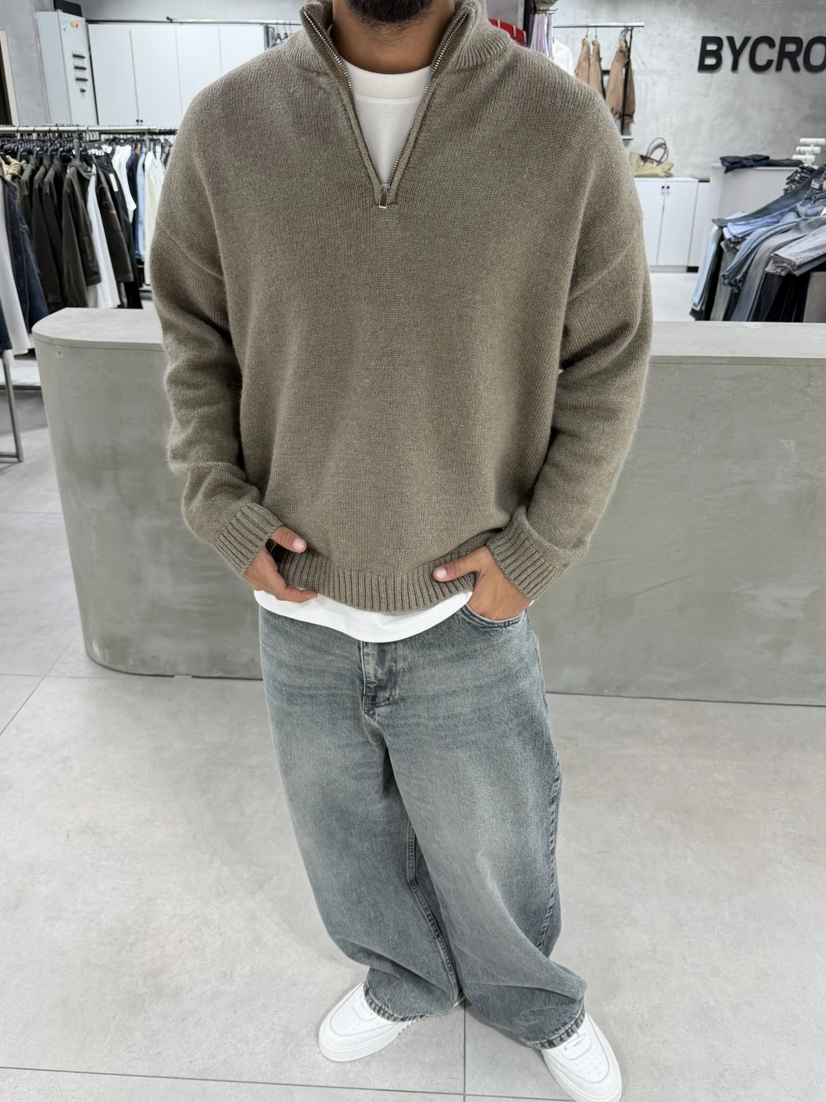 Kahve Premium Yarım Fermuar Oversize Kazak