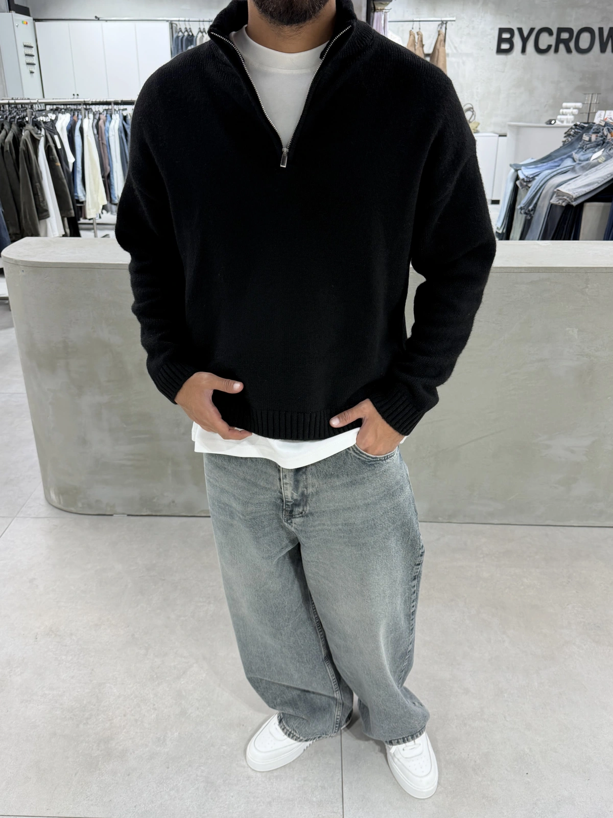 Siyah Premium Yarım Fermuar Oversize Kazak