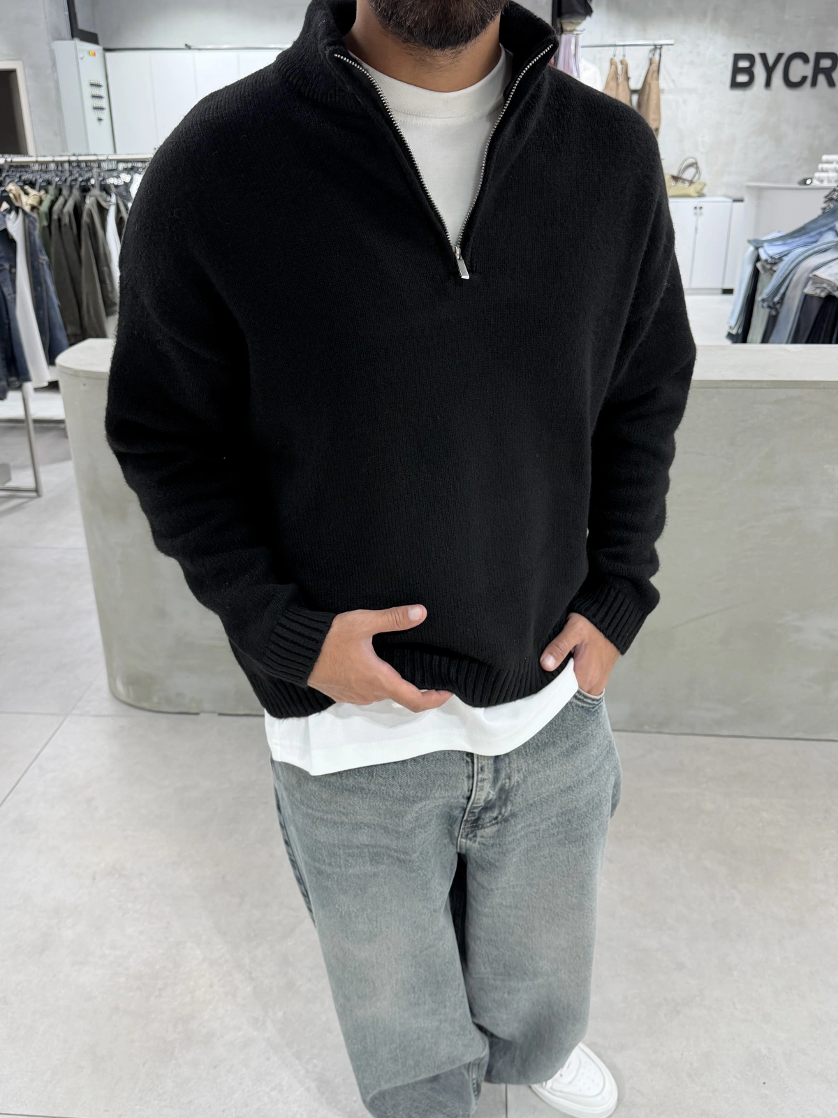 Siyah Premium Yarım Fermuar Oversize Kazak