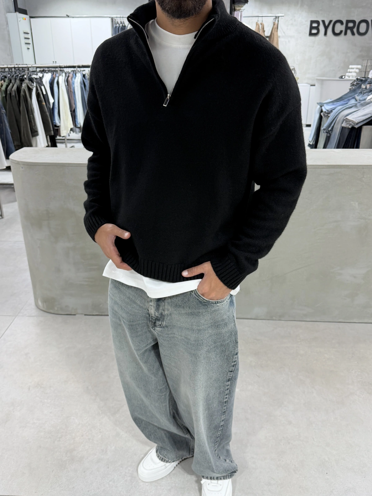 Siyah Premium Yarım Fermuar Oversize Kazak