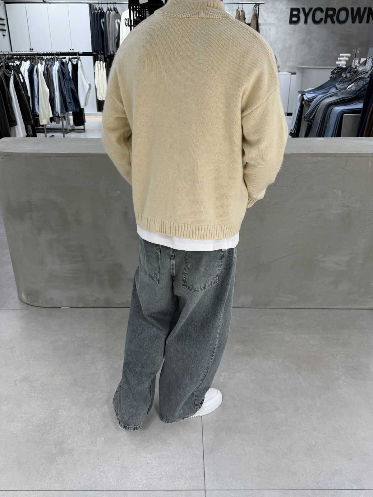 Krem Premium Yarım Fermuar Oversize Kazak