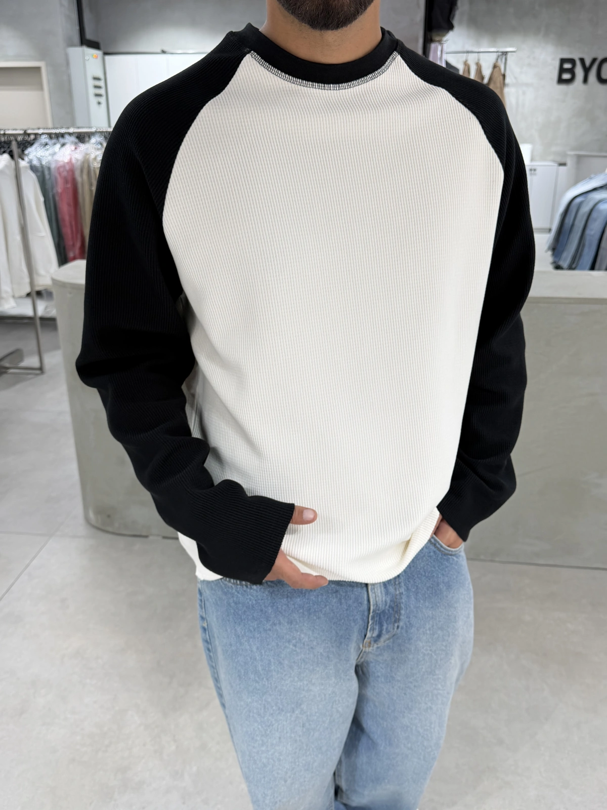 Siyah Gofre Kumaş Oversize Sweat