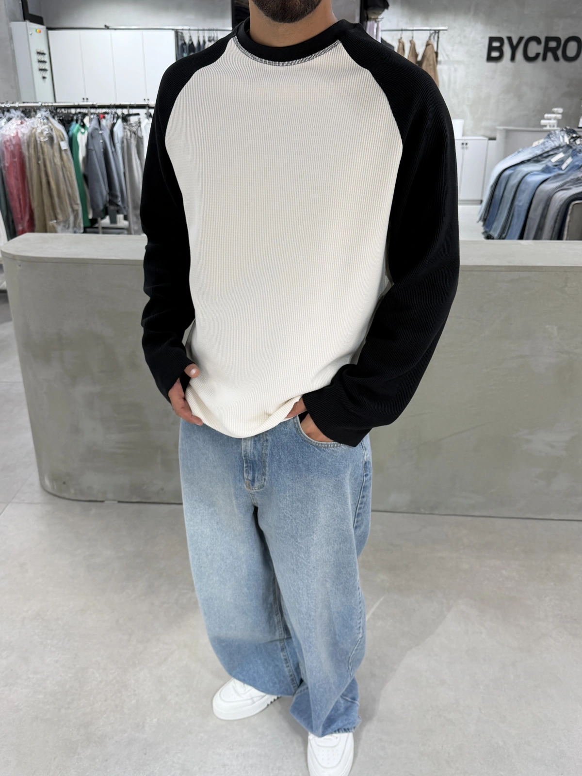 Siyah Gofre Kumaş Oversize Sweat