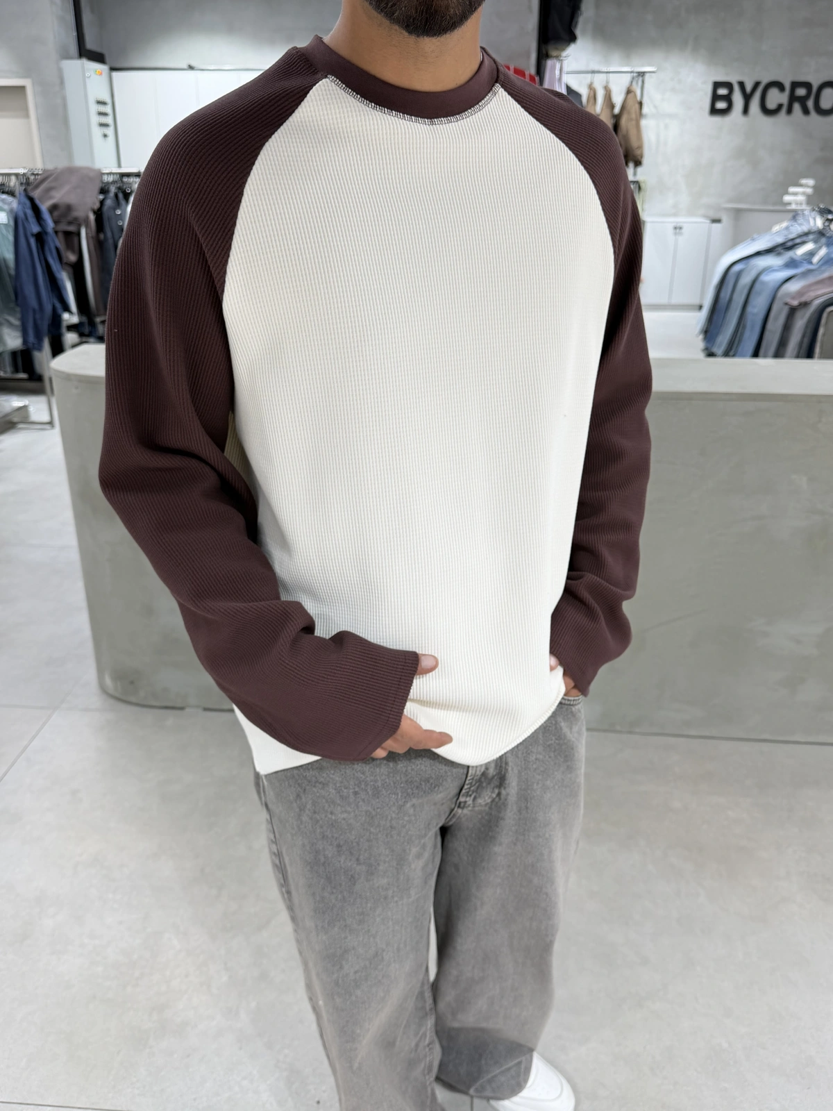 Kahve Gofre Kumaş Oversize Sweat